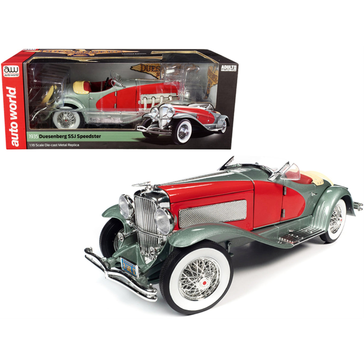 1935 Duesenberg Ssj Speedster Green Metallic With Enamel Red Coves 1/18 Diecast Model Car By Autoworld