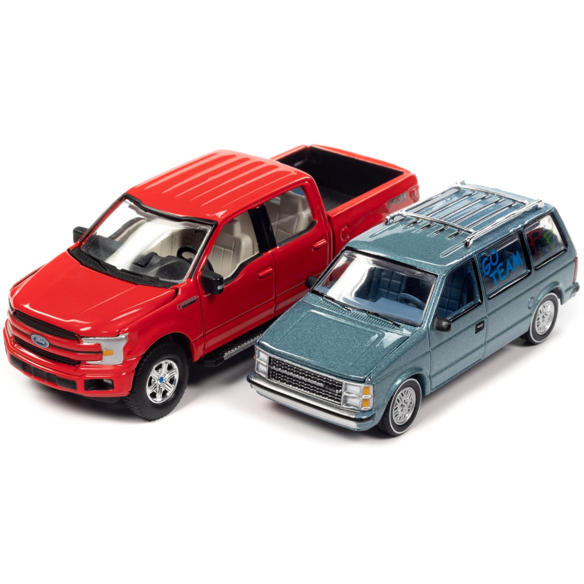 2018 Ford F-150 Pickup Truck Red and 1984 Dodge Caravan Minivan Blue Metallic “World's Best Mom and Dad” Set of 2 Pieces 1/64 Diecast Model Cars by Auto World