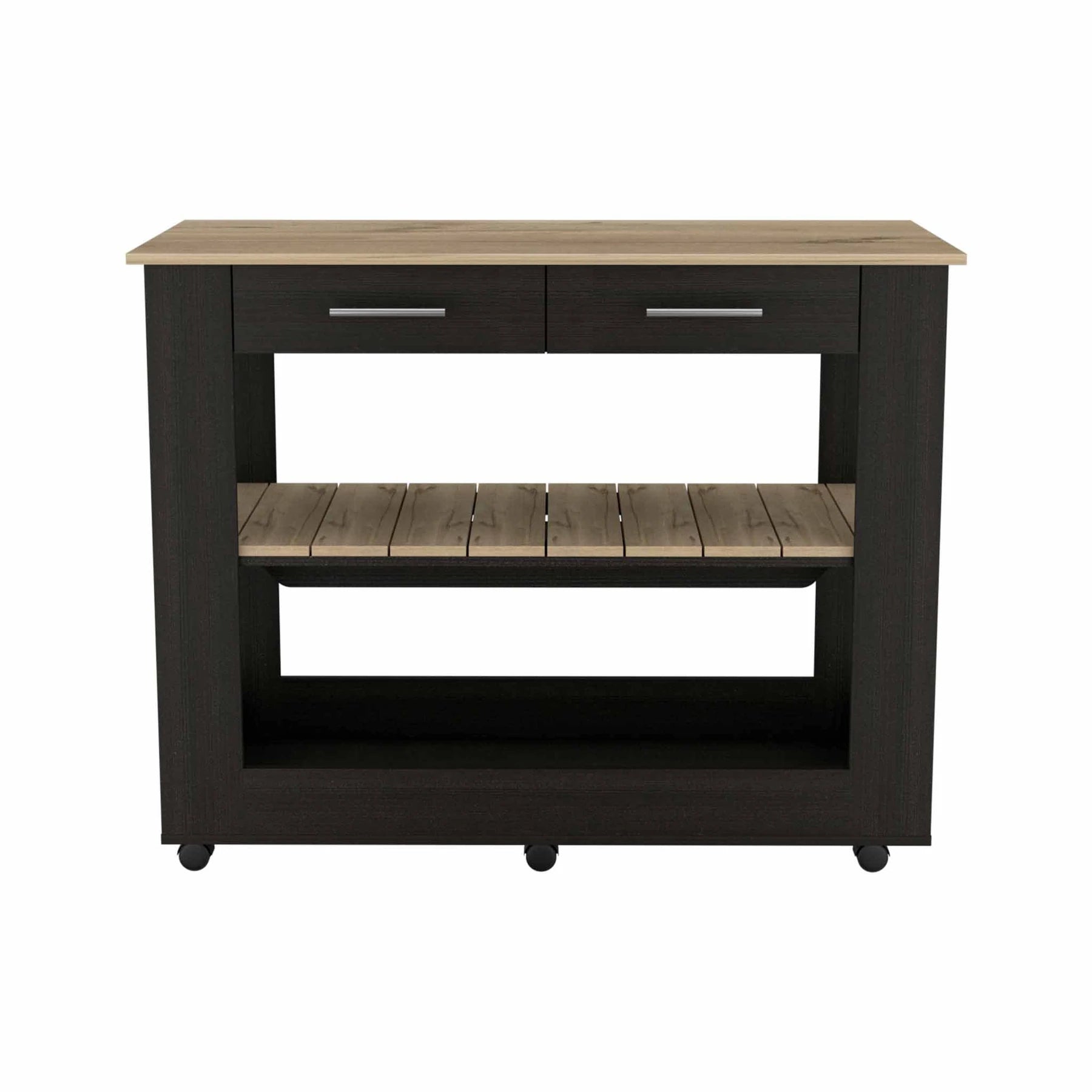 Tuhome Cala Kitchen Island 46, Countertop Table, Six Caster Wheels, Two Drawers, Lower Open Shelf-Black/Light Oak, For Kitchen R