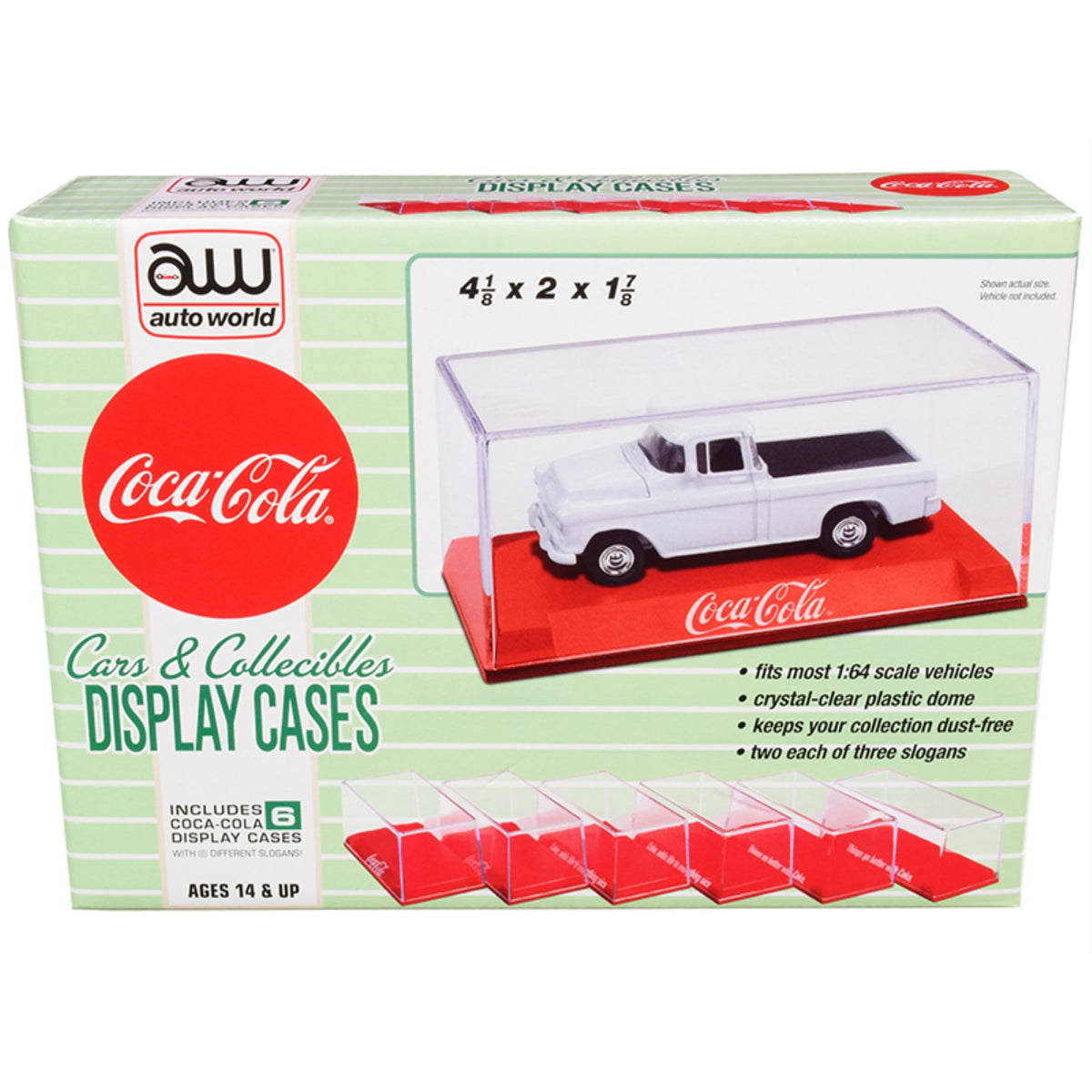 6 Collectible Acrylic Display Show Cases With Red Plastic Bases With 3 Different Slogans 'Coca-Cola' For 1/64 Scale Model Cars By Autoworld