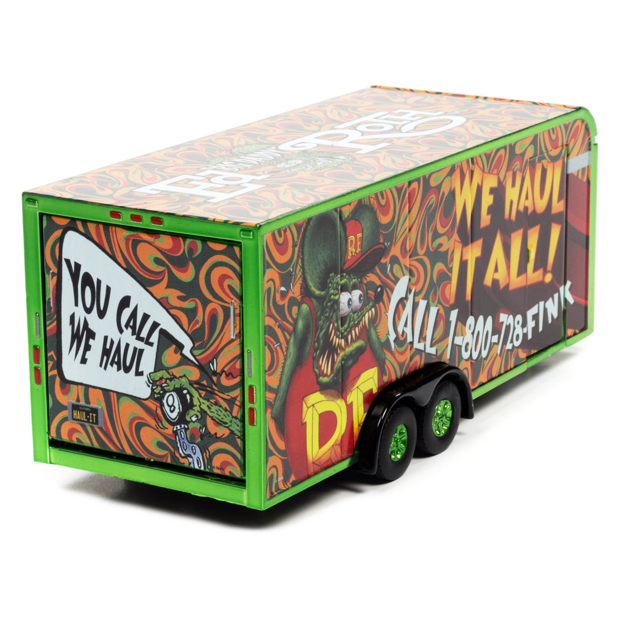 4-Wheel Enclosed Car Trailer Green With Graphics 'Rat Fink: We Haul It All!' 1/64 Diecast Model By Auto World