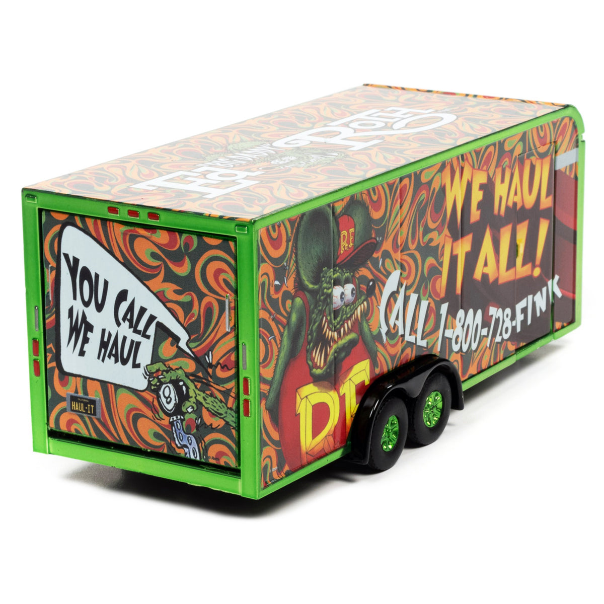 4-Wheel Enclosed Car Trailer Green With Graphics 'Rat Fink: We Haul It All!' 1/64 Diecast Model By Auto World