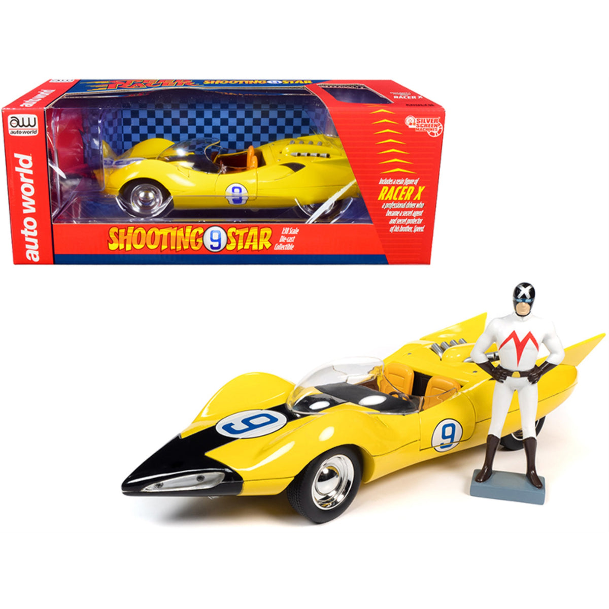 Shooting Star #9 Yellow And Racer X Figurine 'Speed Racer' Anime Series 1/18 Diecast Model Car By Autoworld