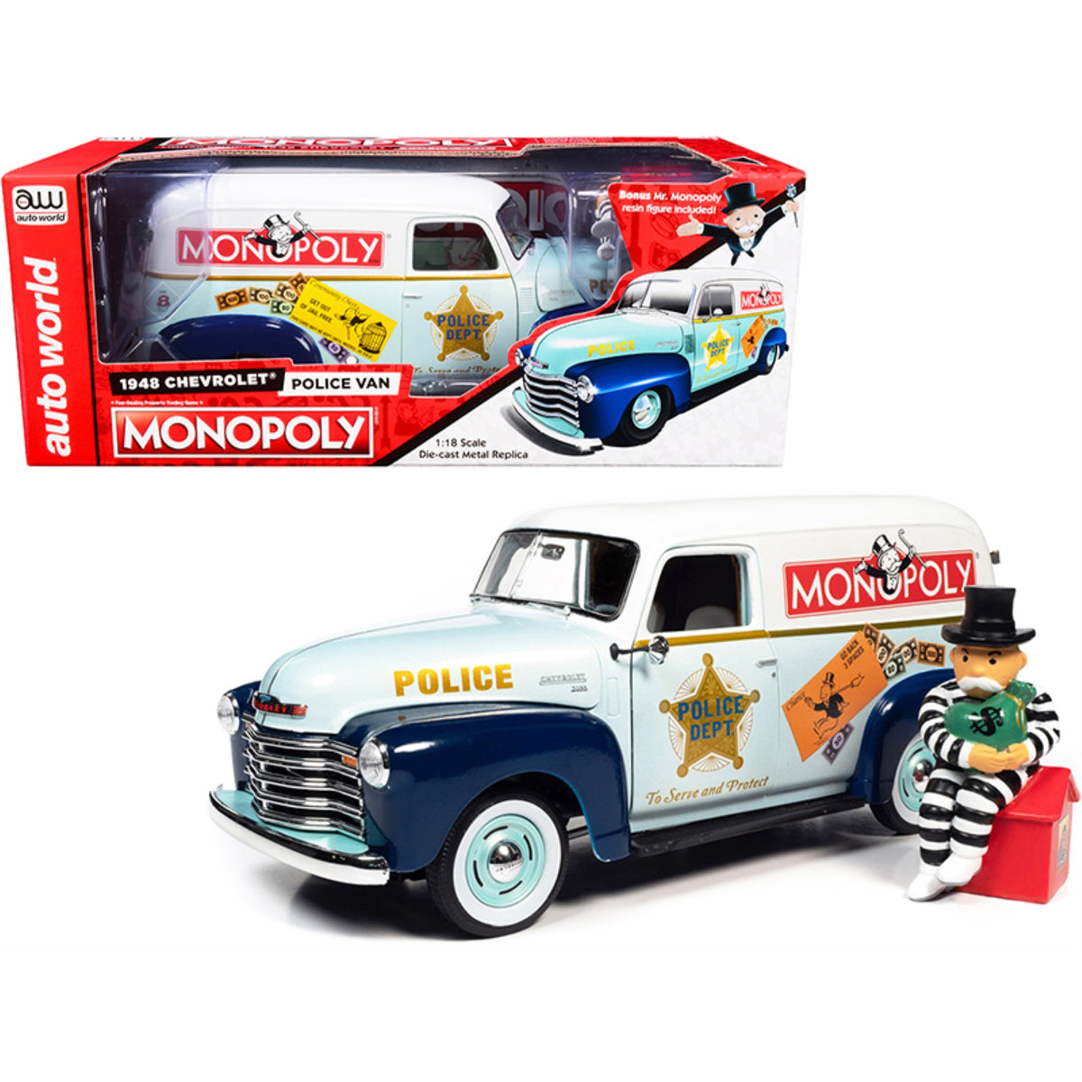 1948 Chevrolet Panel Police Van With Mr. Monopoly Figurine 'Monopoly' 1/18 Diecast Model Car By Autoworld