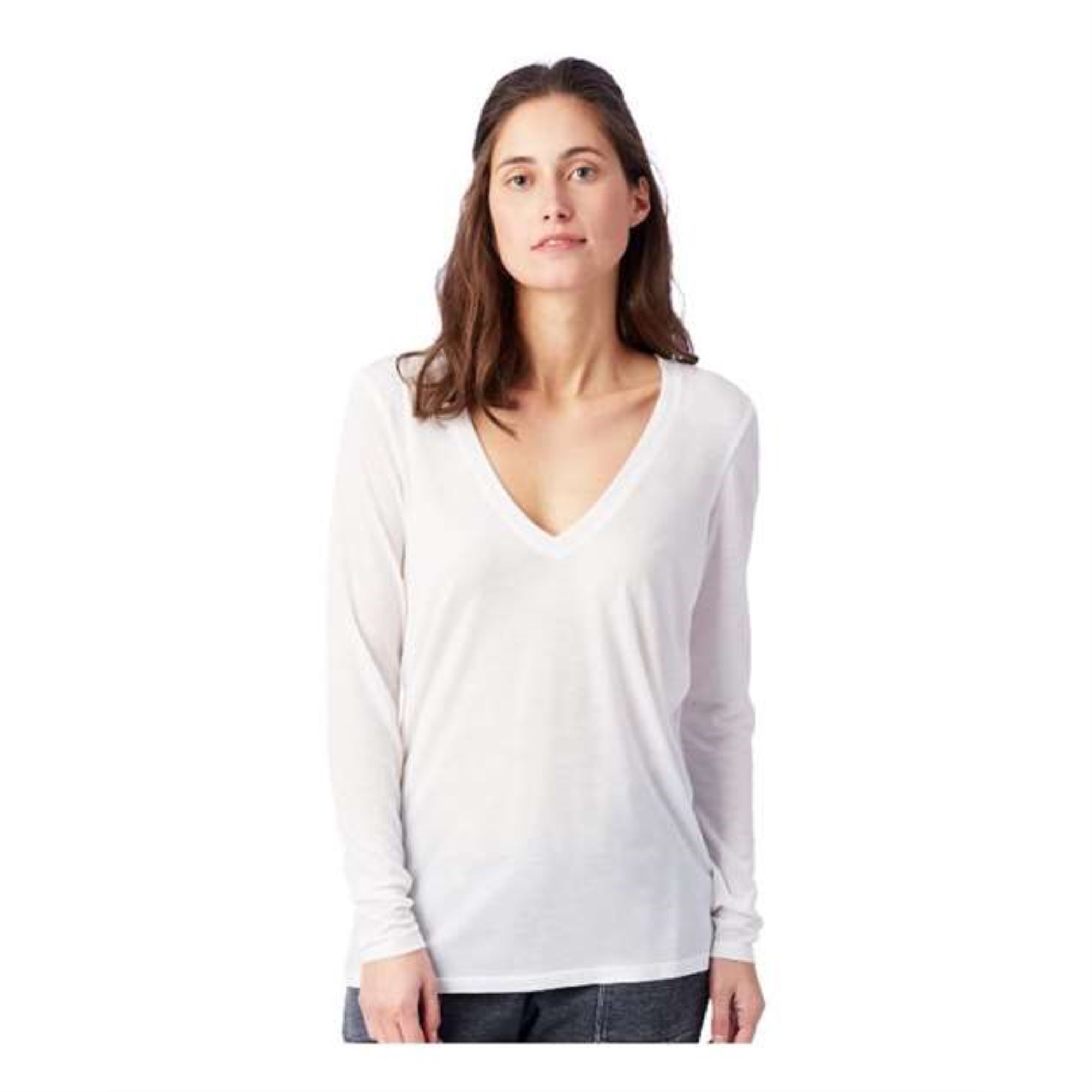 Alternative Women's Long Sleeve Slinky Jersey V-Neck Tee - White, S