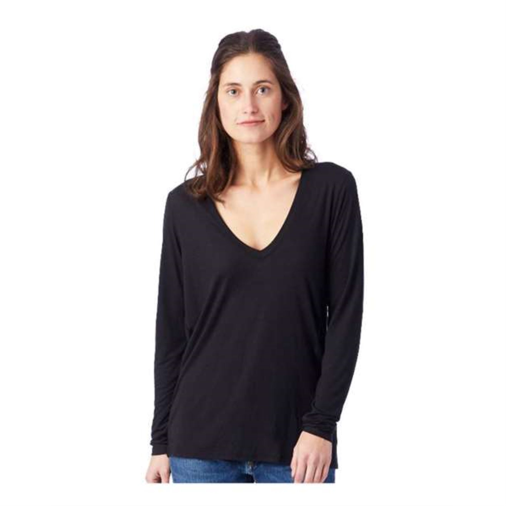 Alternative Women's Long Sleeve Slinky Jersey V-Neck Tee - Black, XL