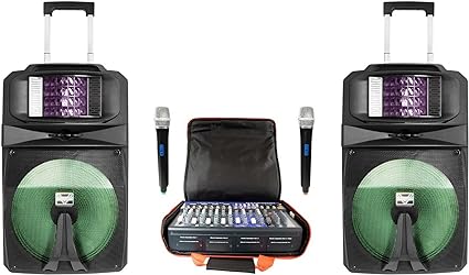 2000W PA system with two digital wireless vocal microphones, eight channel mixer with DSP vocal effect and two 15-inch powered speakers with build-in derby light.