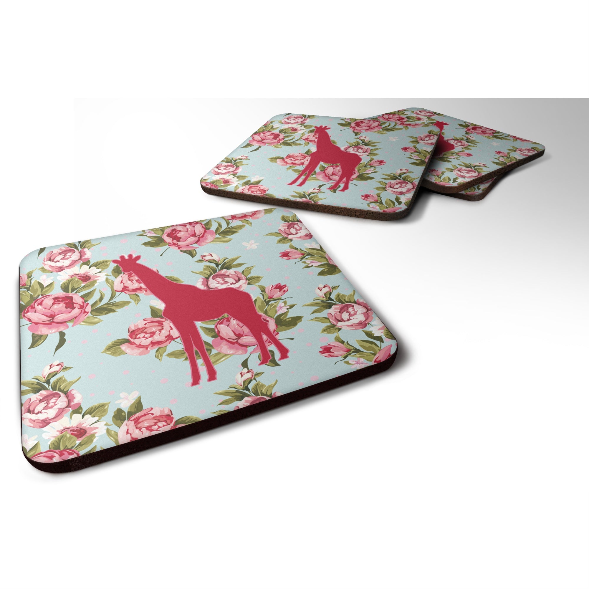 Caroline'S Treasures Bb1001-Rs-Bu-Fc Giraffe Shabby Chic Blue Roses Foam Coasters (Set Of 4), 3.5 H X 3.5 W, Multicolo