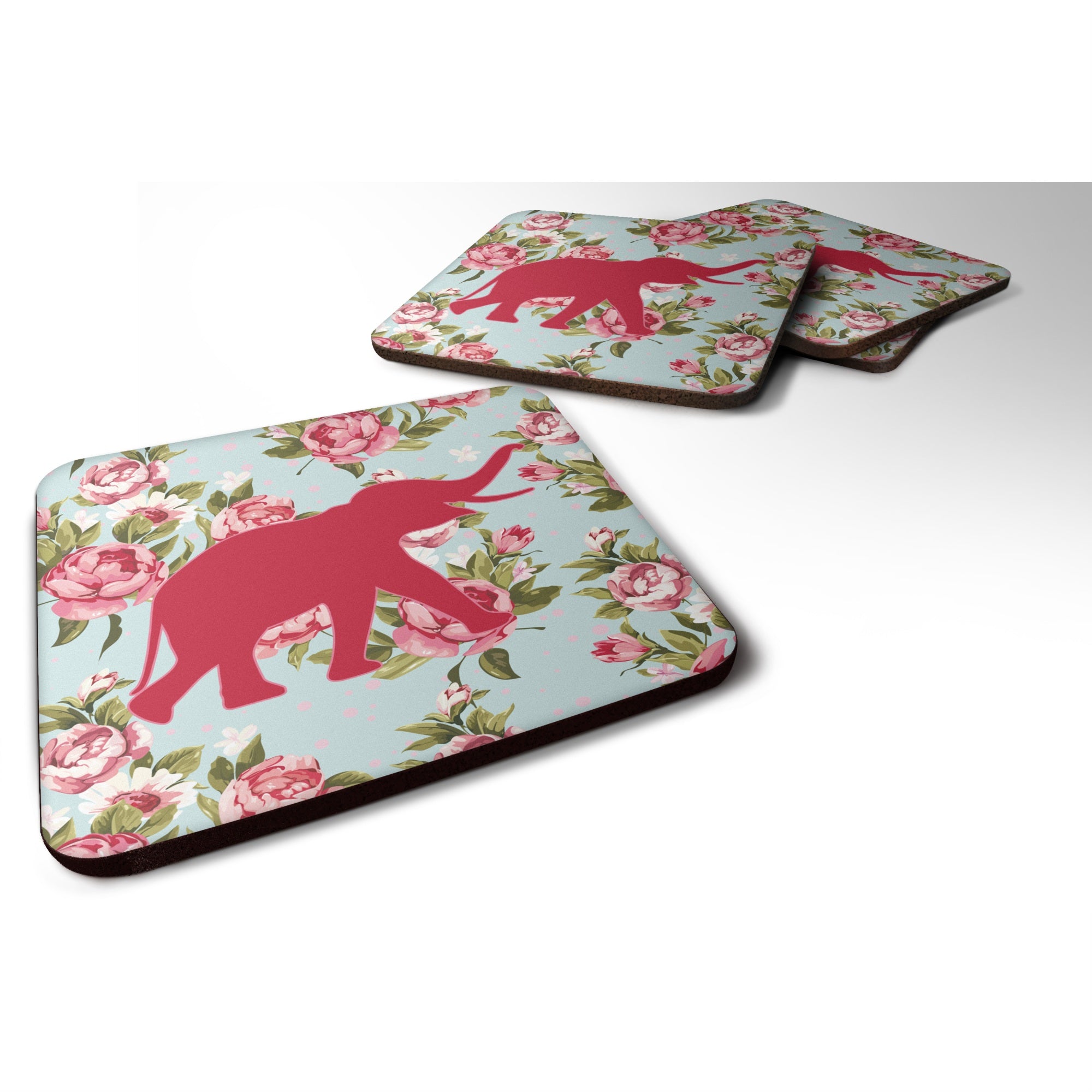Caroline'S Treasures Bb1011-Rs-Bu-Fc Elephant Shabby Chic Blue Roses Foam Coasters (Set Of 4), 3.5 H X 3.5 W, Multicol