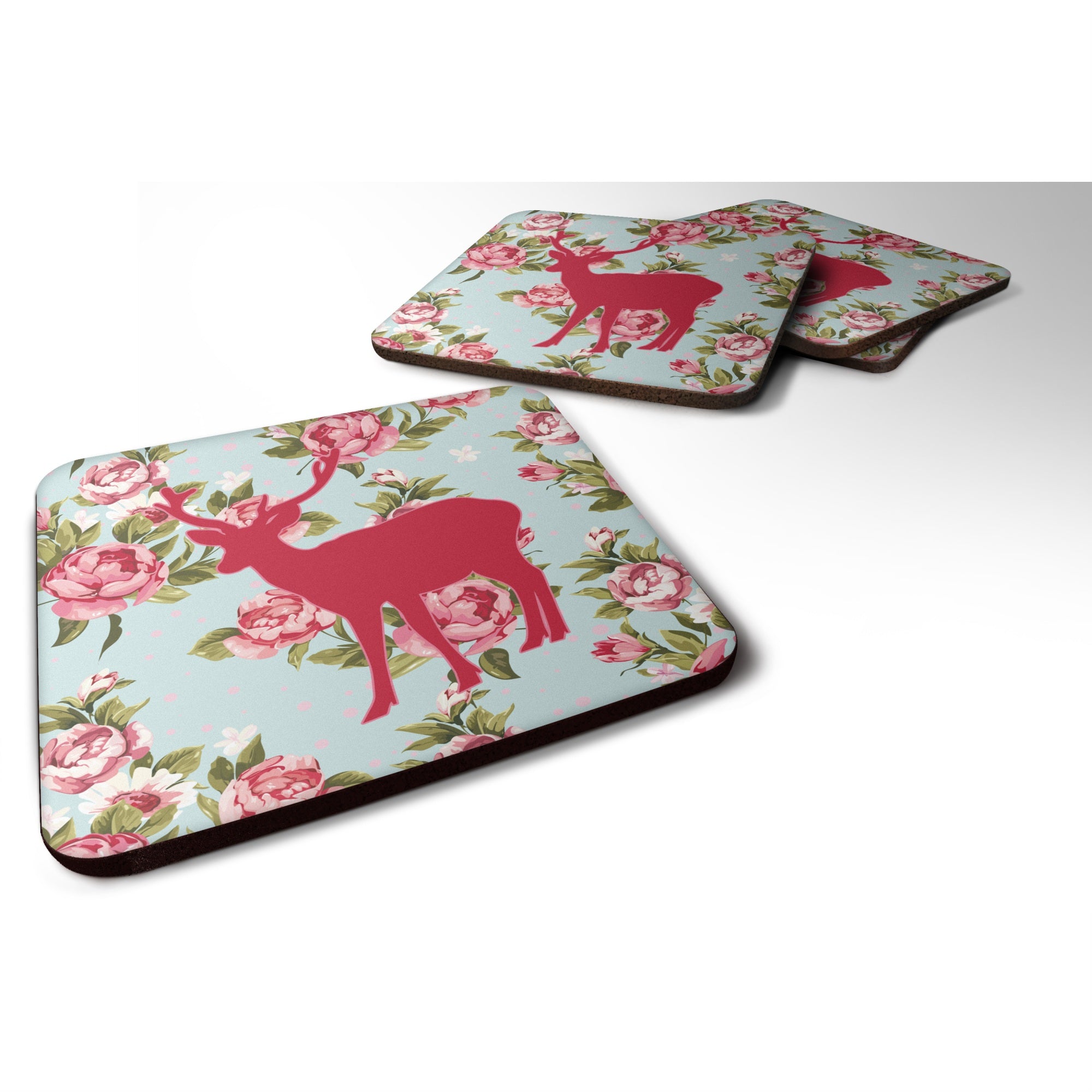 Caroline'S Treasures Bb1012-Rs-Bu-Fc Deer Shabby Chic Blue Roses Foam Coasters (Set Of 4), 3.5 H X 3.5 W, Multicolor