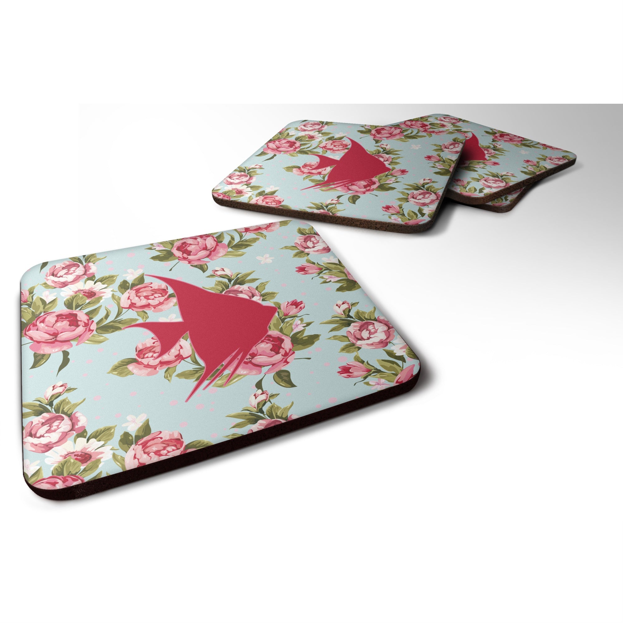 Caroline'S Treasures Bb1022-Rs-Bu-Fc Fish-Angel Fish Shabby Chic Blue Roses Foam Coasters (Set Of 4), 3.5 H X 3.5 W, M