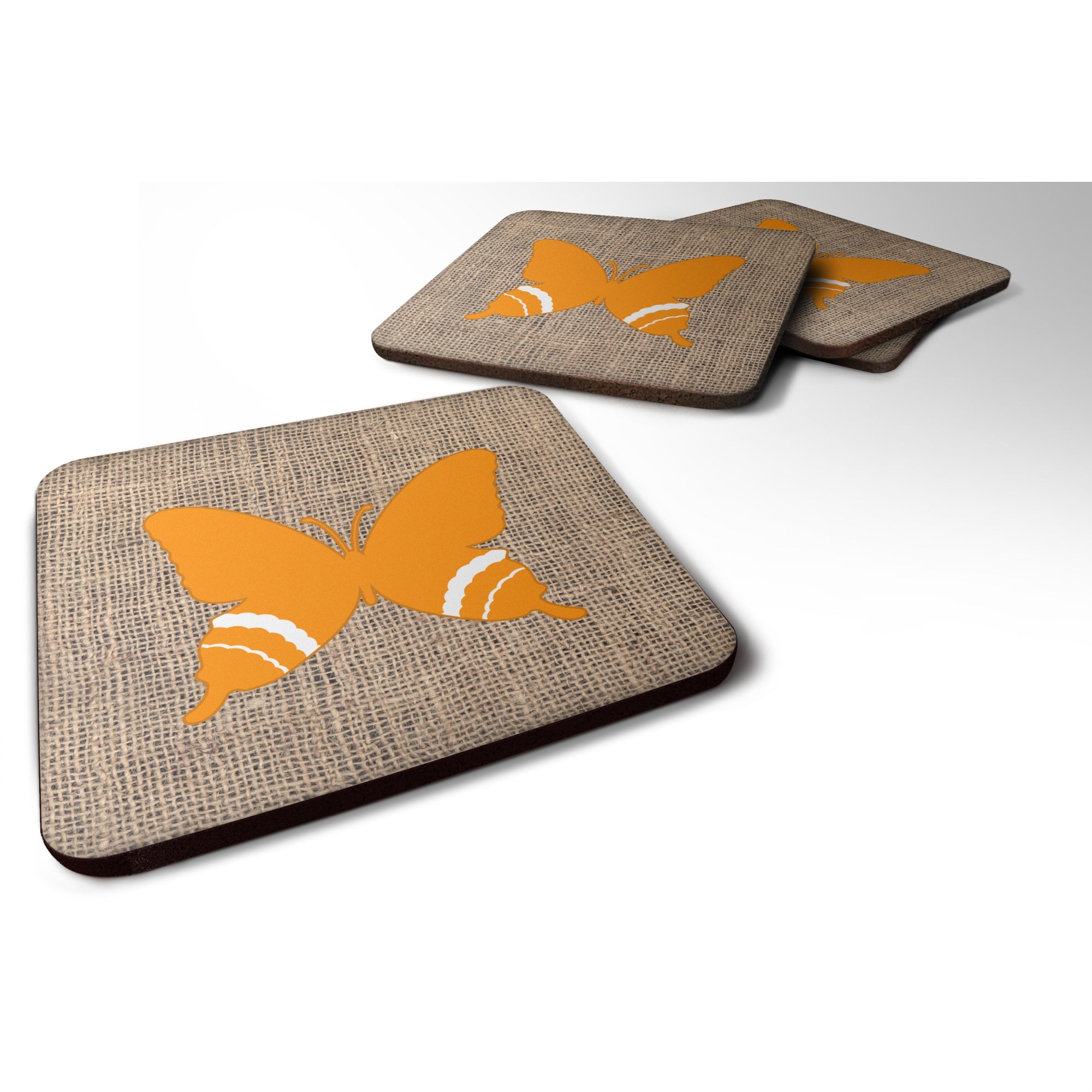 Caroline'S Treasures Bb1034-Bl-Or-Fc Butterfly Burlap And Orange Foam Coasters (Set Of 4), 3.5 H X 3.5 W, Multicolor