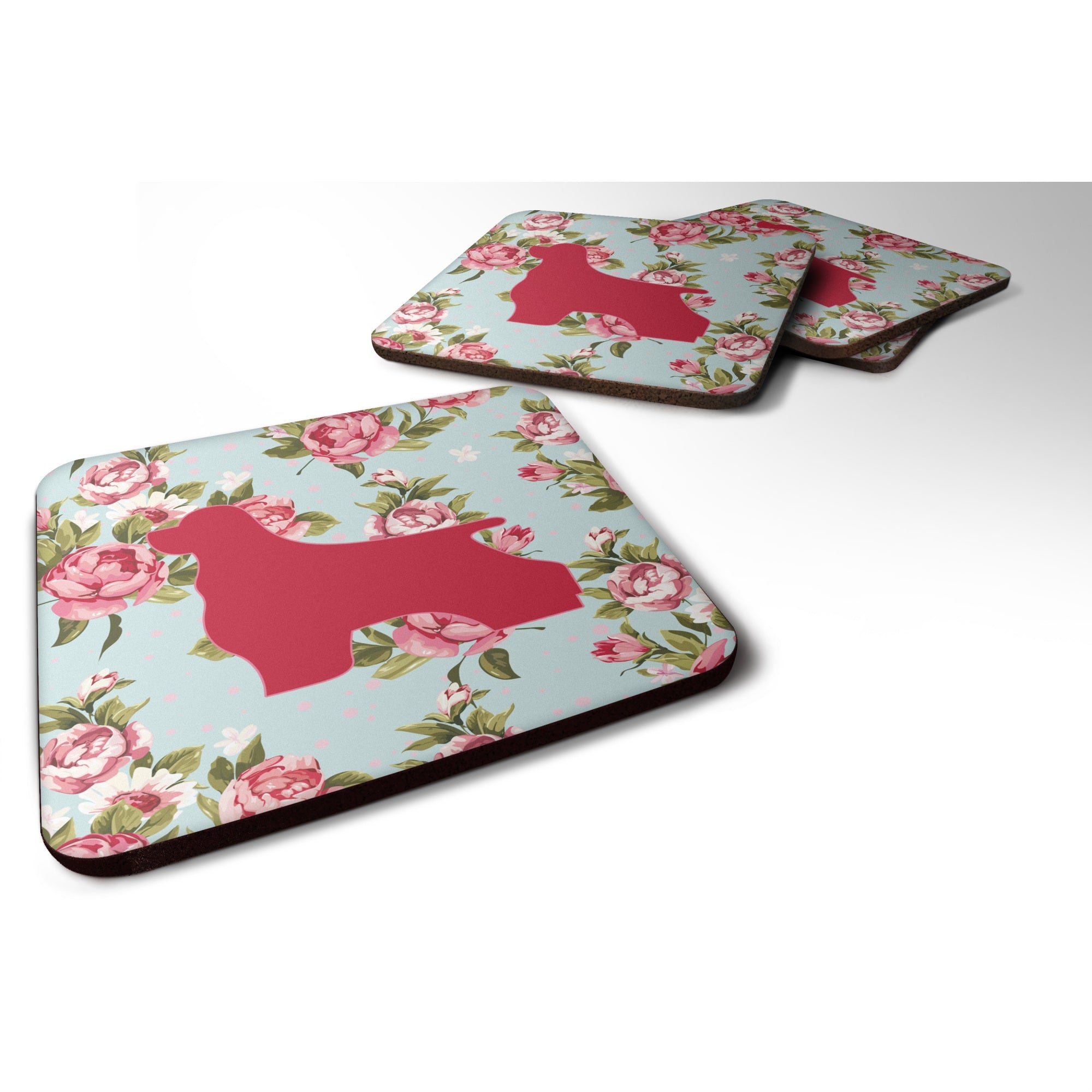 Caroline'S Treasures Bb1075-Rs-Bu-Fc Cocker Spaniel Shabby Chic Blue Roses Foam Coasters (Set Of 4), 3.5 H X 3.5 W, Mu