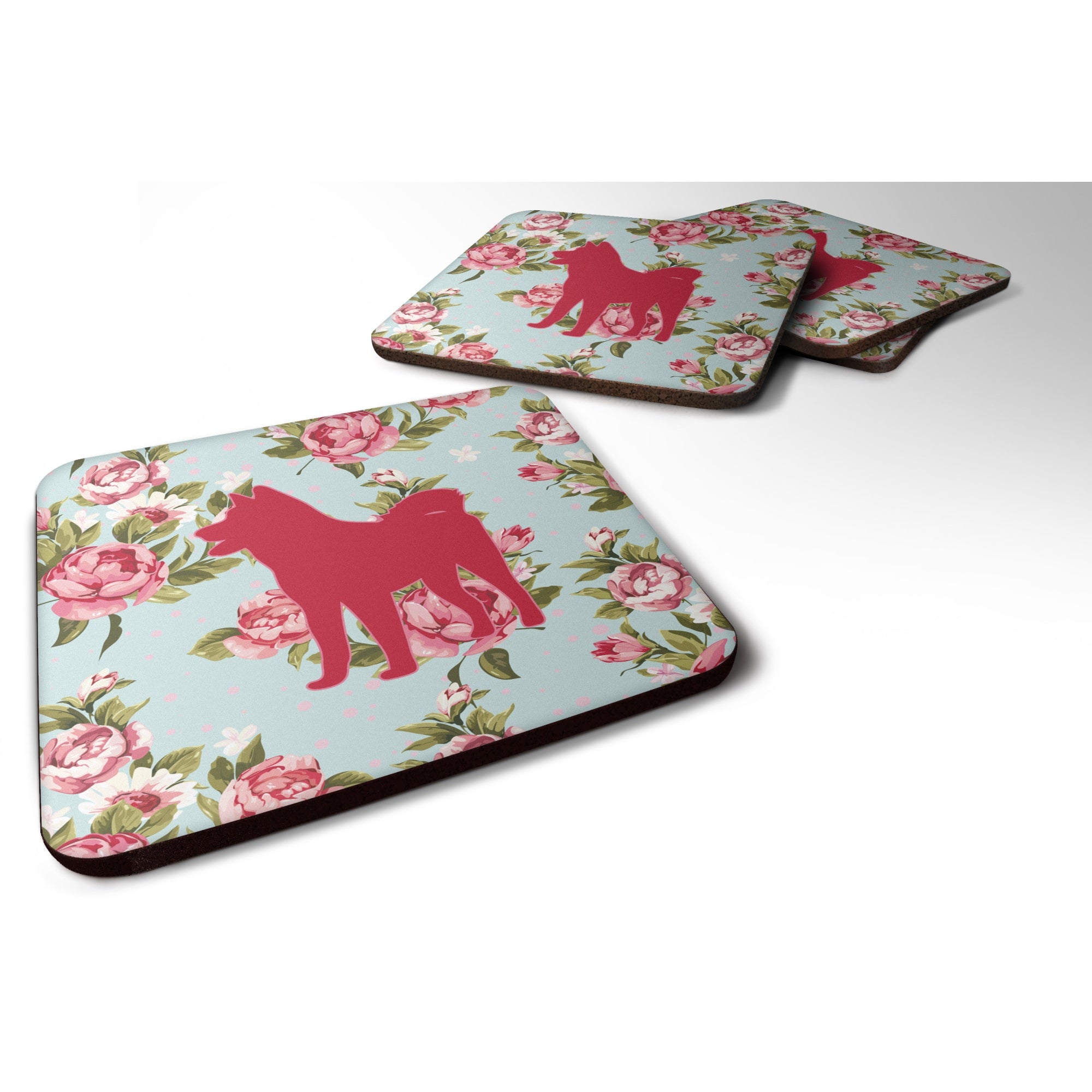 Caroline'S Treasures Bb1082-Rs-Bu-Fc Akita Shabby Chic Blue Roses Foam Coasters (Set Of 4), 3.5 H X 3.5 W, Multicolor,