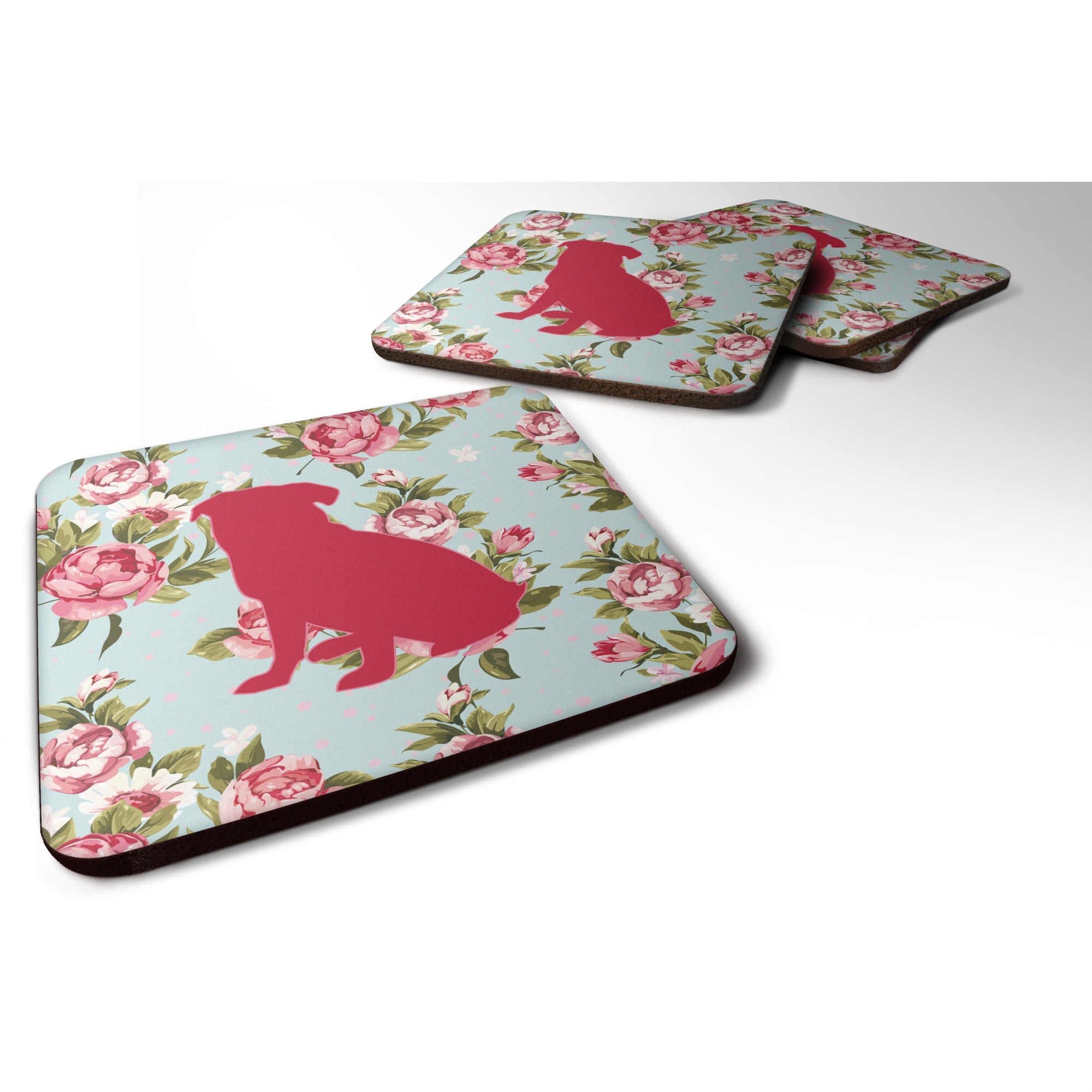 Caroline'S Treasures Bb1084-Rs-Bu-Fc Pug Shabby Chic Blue Roses Foam Coasters (Set Of 4), 3.5 H X 3.5 W, Multicolor