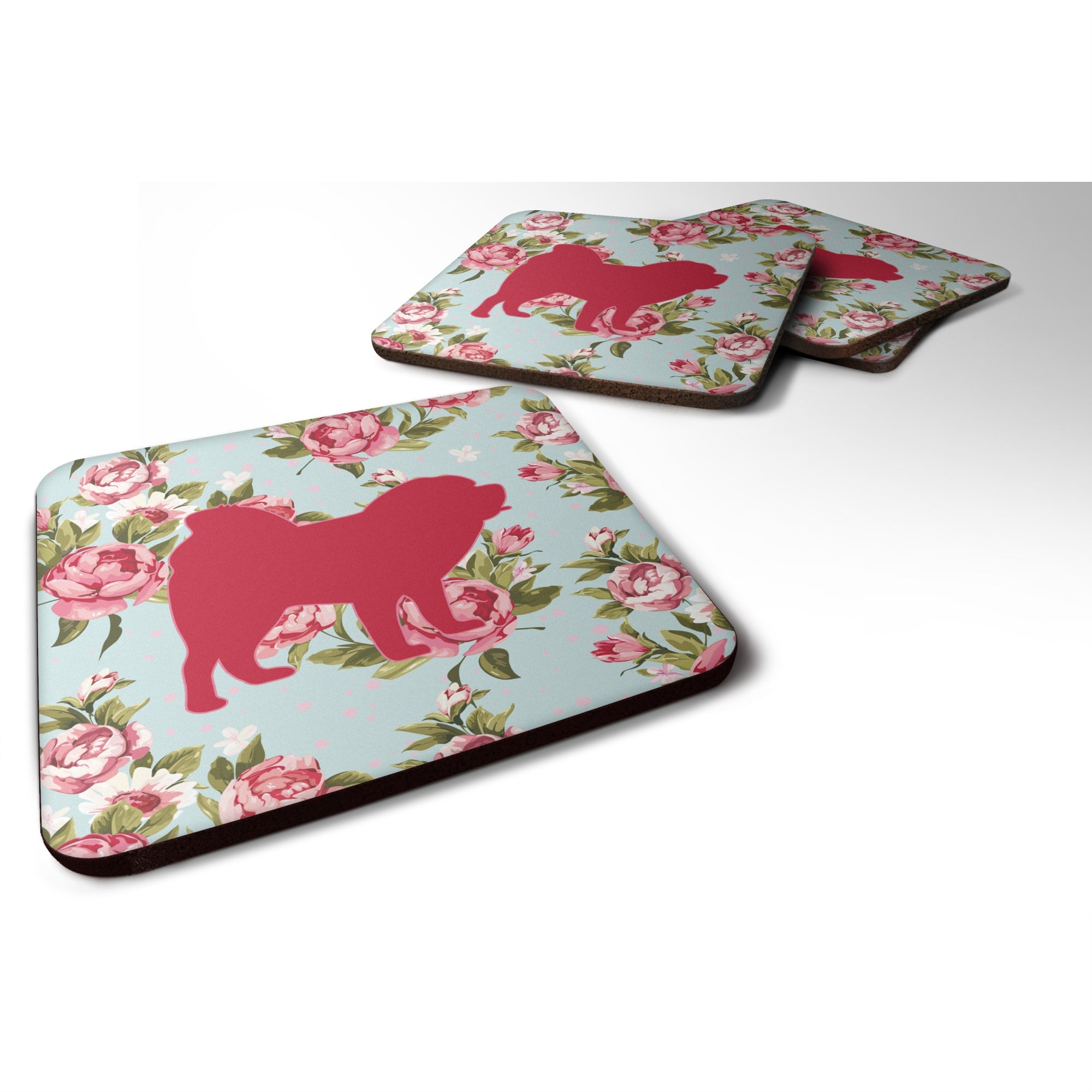 Caroline'S Treasures Bb1106-Rs-Bu-Fc Chow Chow Shabby Chic Blue Roses Foam Coasters (Set Of 4), 3.5 H X 3.5 W, Multico