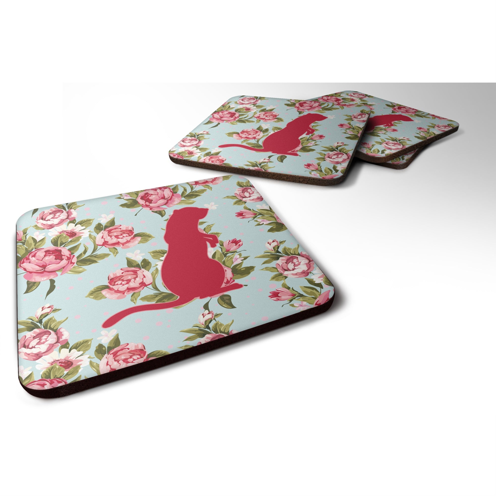 Caroline'S Treasures Bb1118-Rs-Bu-Fc Meerkat Shabby Chic Blue Roses Foam Coasters (Set Of 4), 3.5 H X 3.5 W, Multicolo