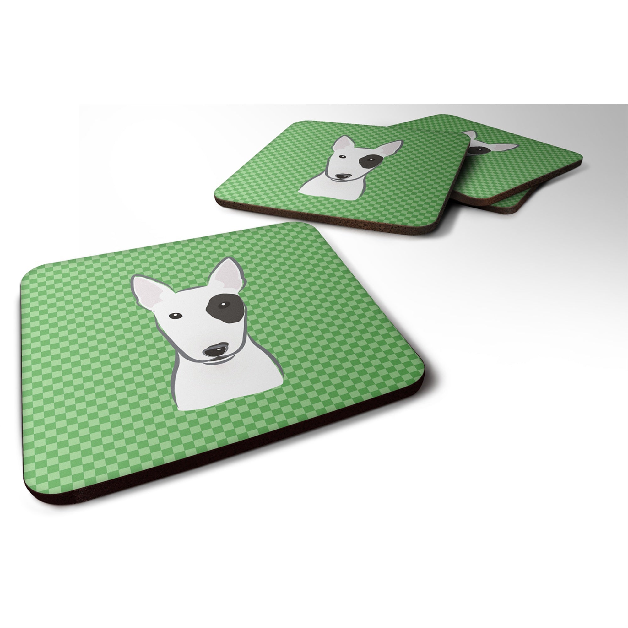 Caroline'S Treasures Bb1132Fc Green Checkered Bull Terrier Foam Coaster (Set Of 4), 3.5 H X 3.5 W, Multicolor