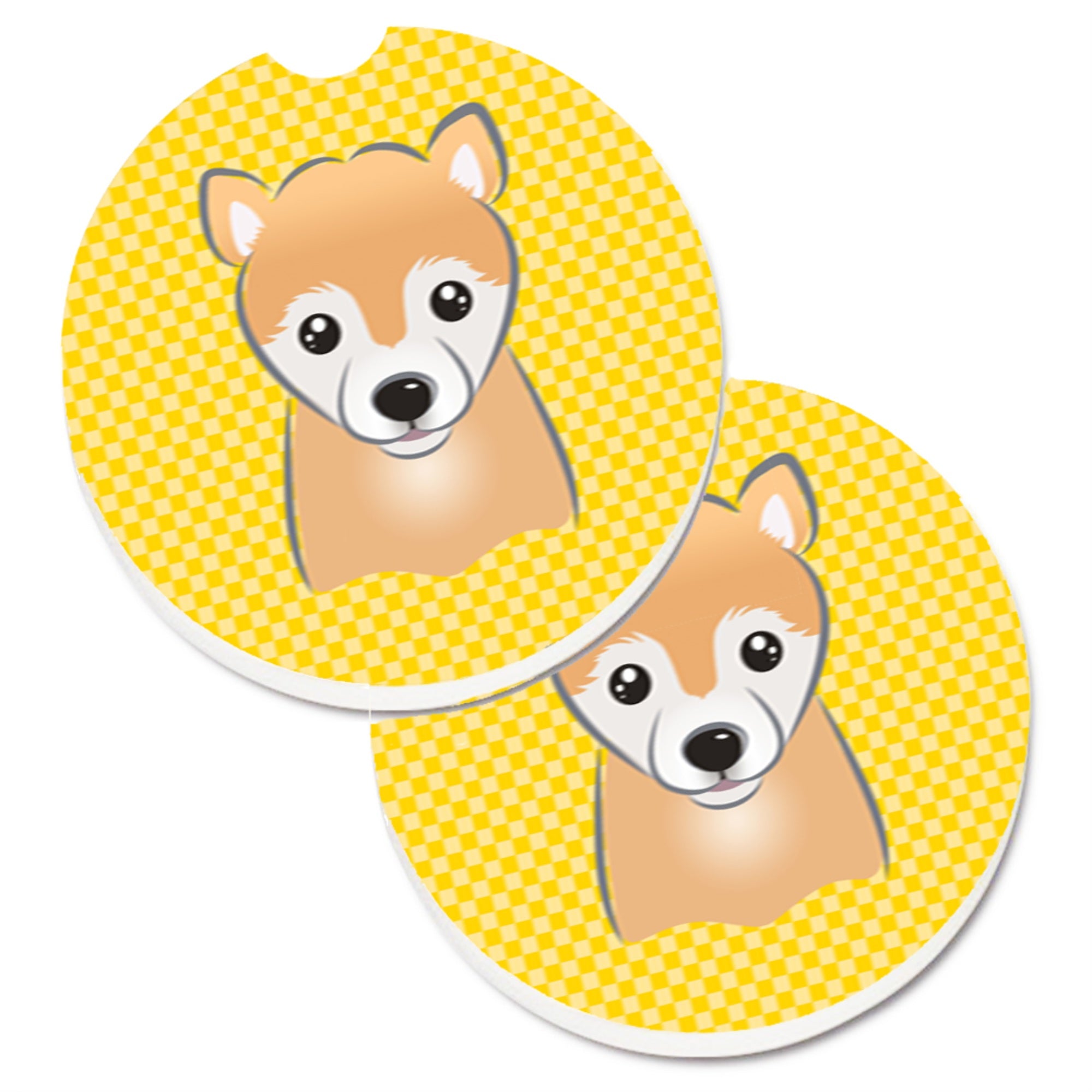 Caroline'S Treasures Yellow Checkered Shiba Inu Set Of 2 Cup Holder Car Coasters Bb1133Carc, 2.56, Multicolor