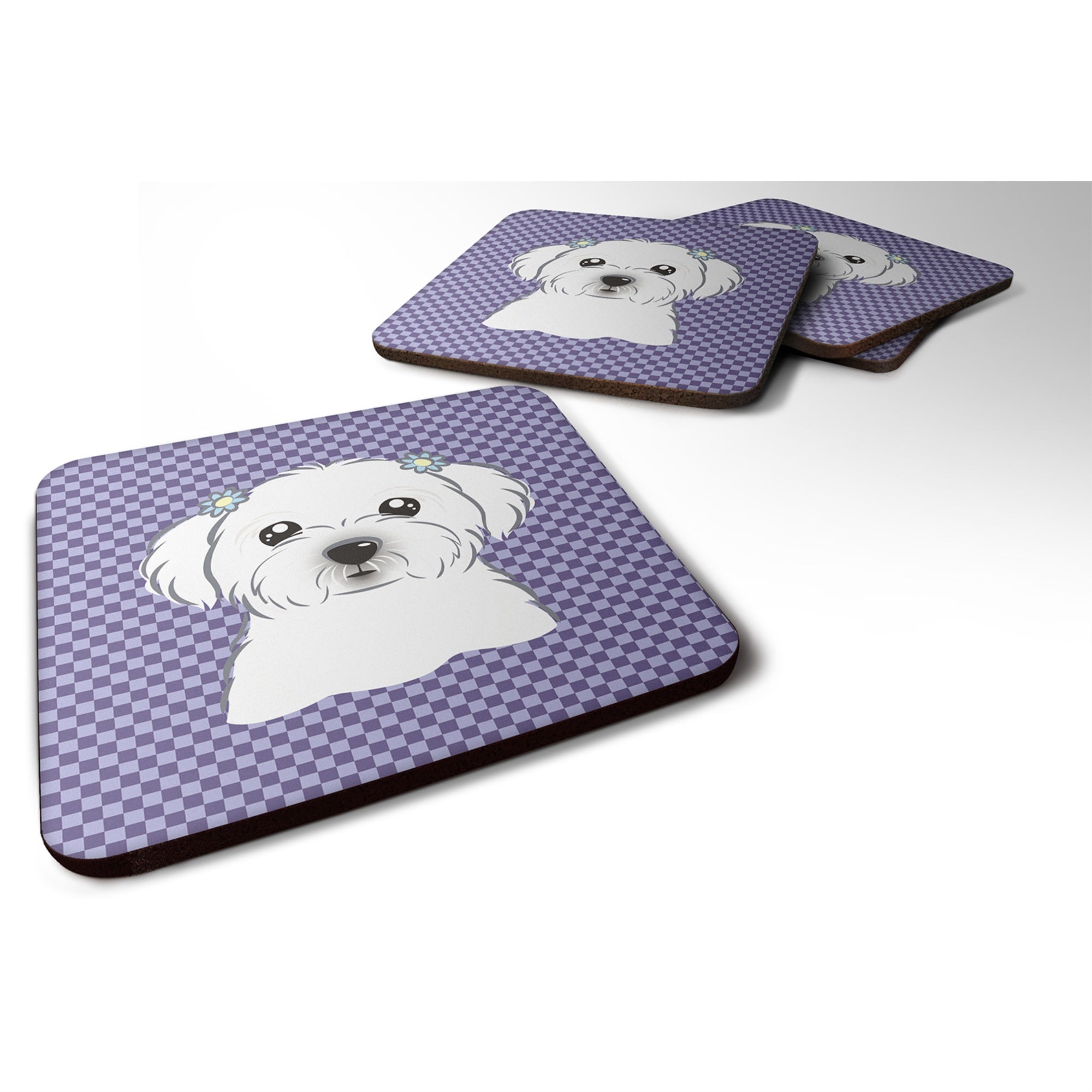 Caroline'S Treasures Bb1134Fc Purple Checkered Maltese Foam Coaster (Set Of 4), 3.5 H X 3.5 W, Multicolor