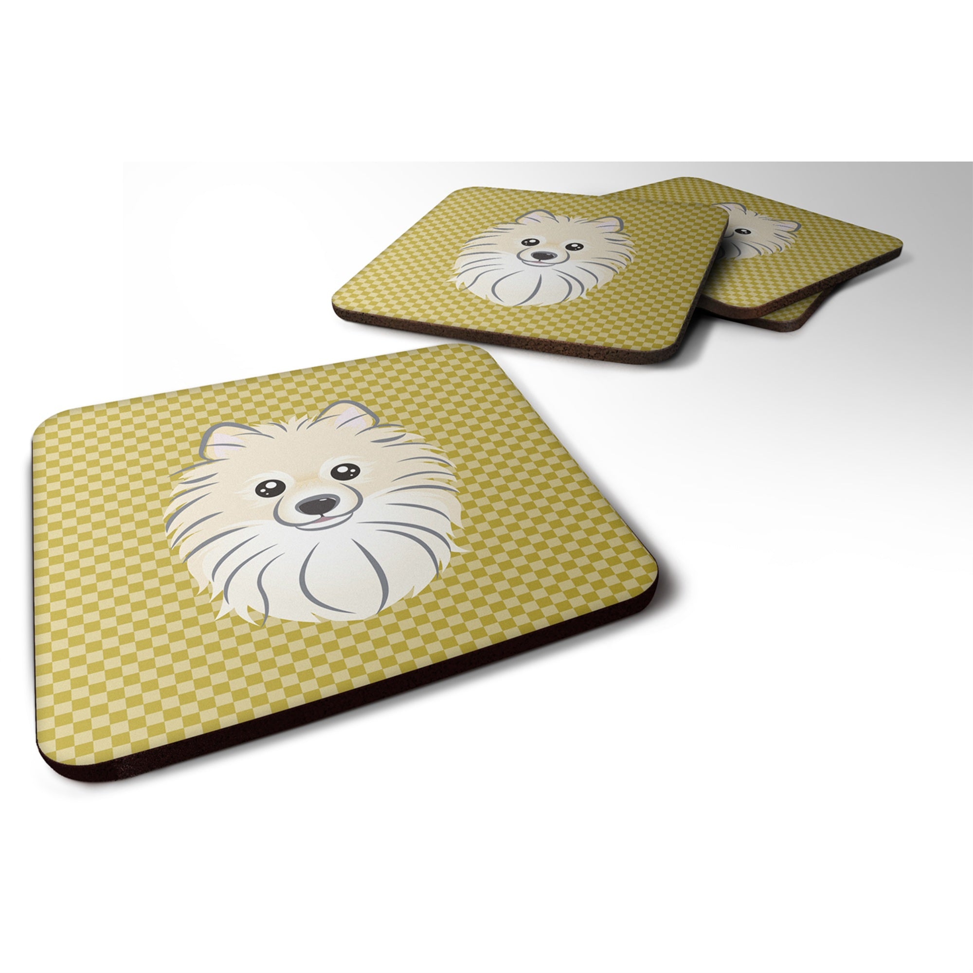 Caroline'S Treasures Bb1135Fc Tan Checkered Pomeranian Foam Coaster (Set Of 4), 3.5 H X 3.5 W, Multicolor