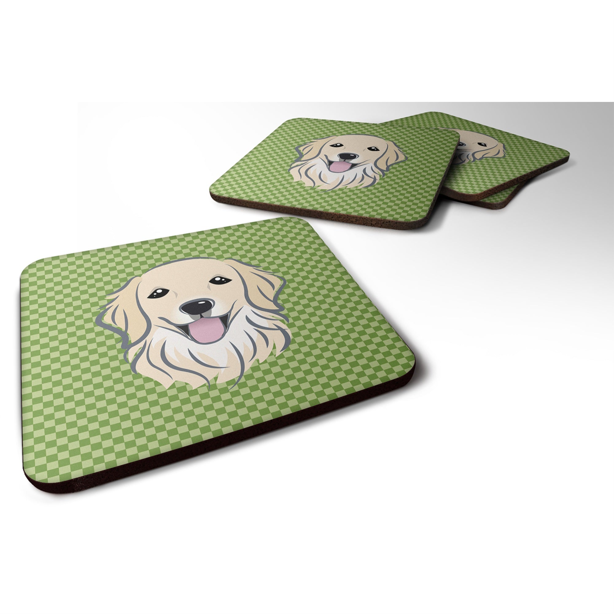 Caroline'S Treasures Bb1137Fc Green Checkered Golden Retriever Foam Coaster (Set Of 4), 3.5 H X 3.5 W, Multicolor