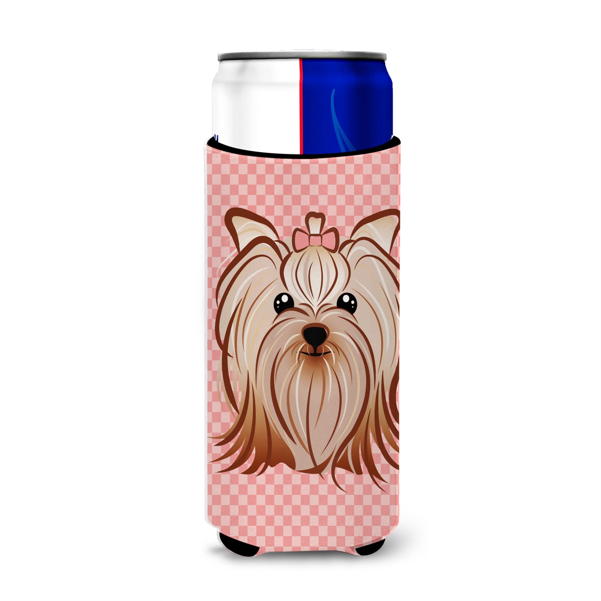 Pink Checkered Yorkie / Yorkshire Terrier Ultra Beverage Insulators For Slim Cans Bb1138Muk
