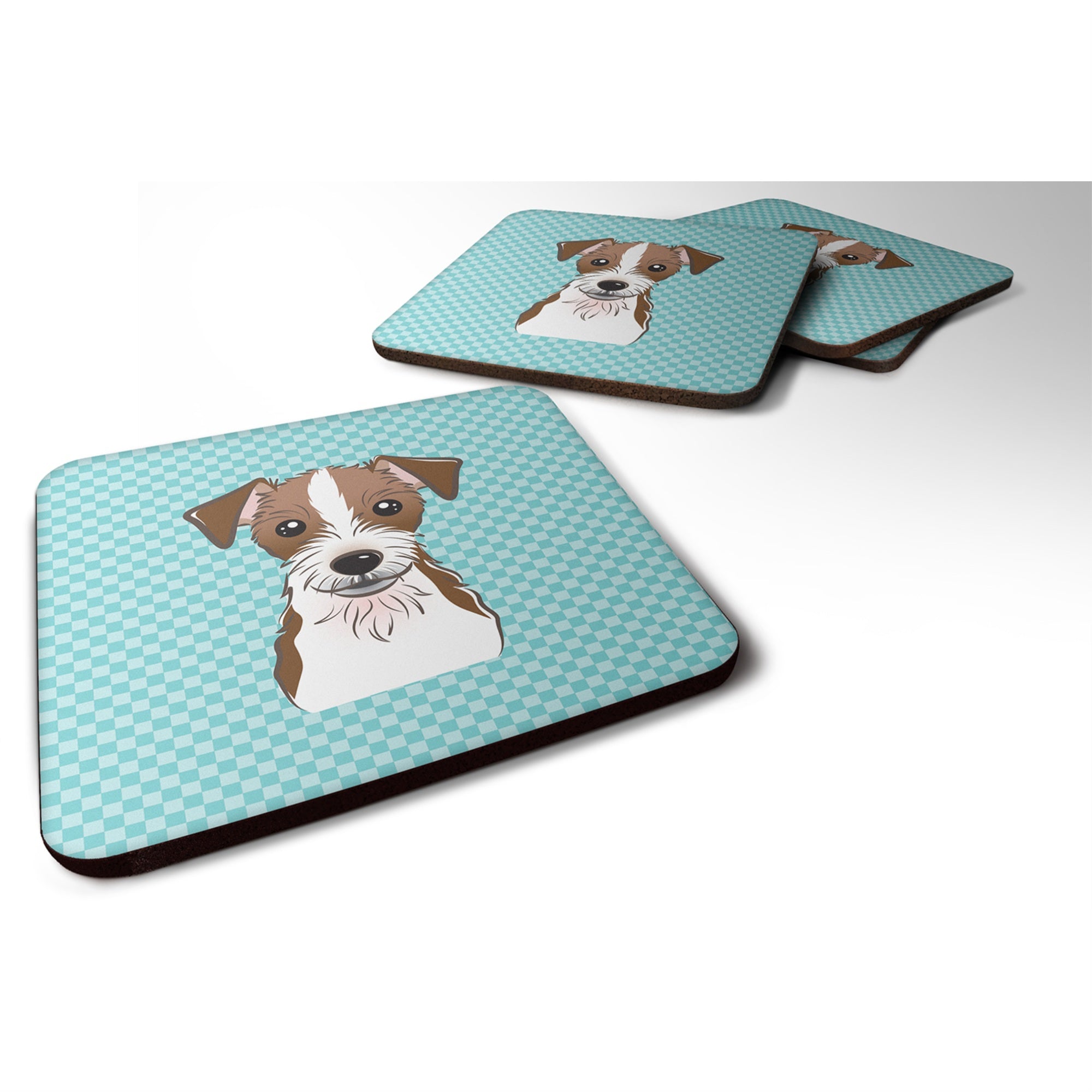 Caroline'S Treasures Bb1140Fc Checkerboard Blue Jack Russell Terrier Foam Coaster (Set Of 4), 3.5 H X 3.5 W, Multicolo