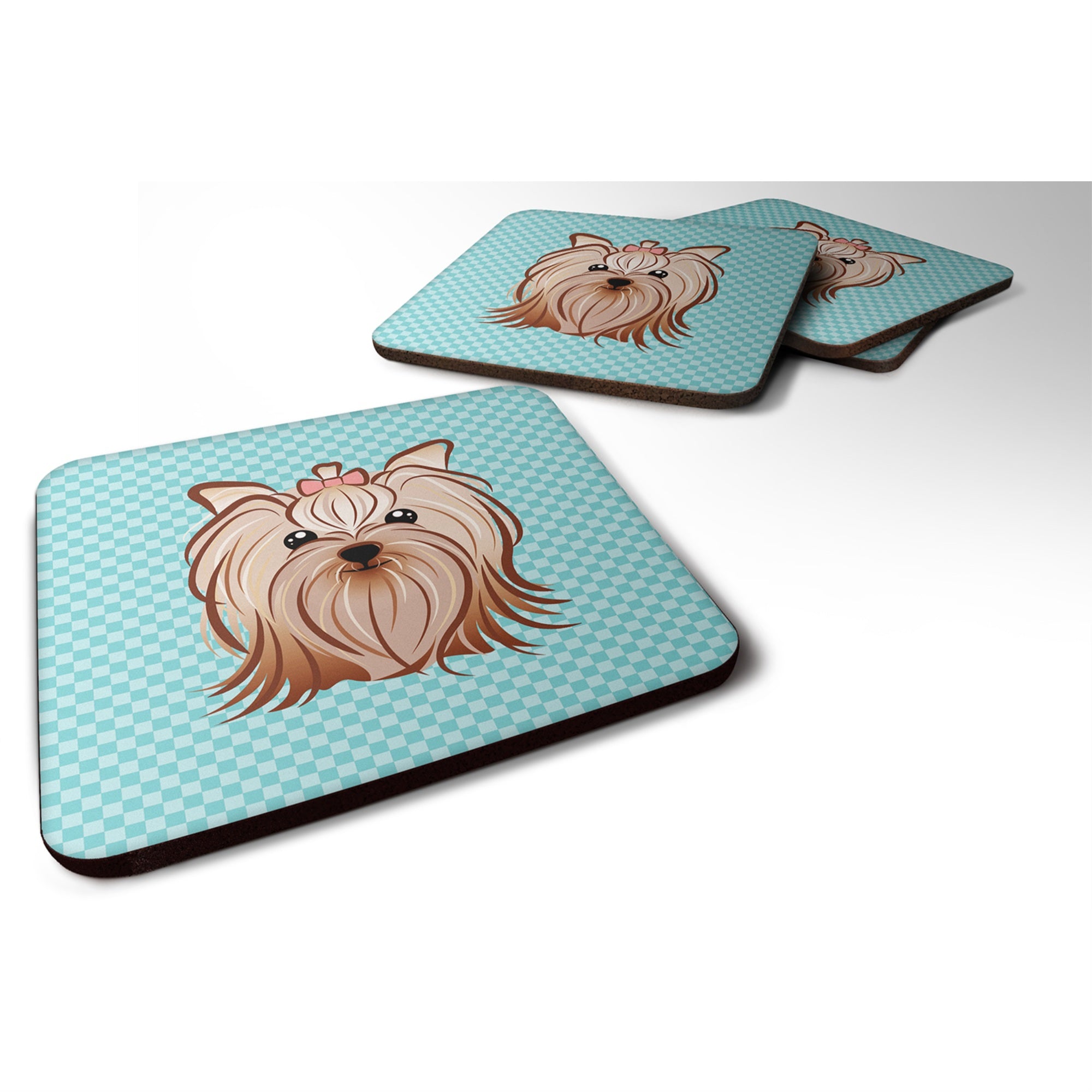 Caroline'S Treasures Bb1142Fc Checkerboard Blue Yorkie Yorkishire Terrier Foam Coaster (Set Of 4), 3.5 H X 3.5 W, Mult
