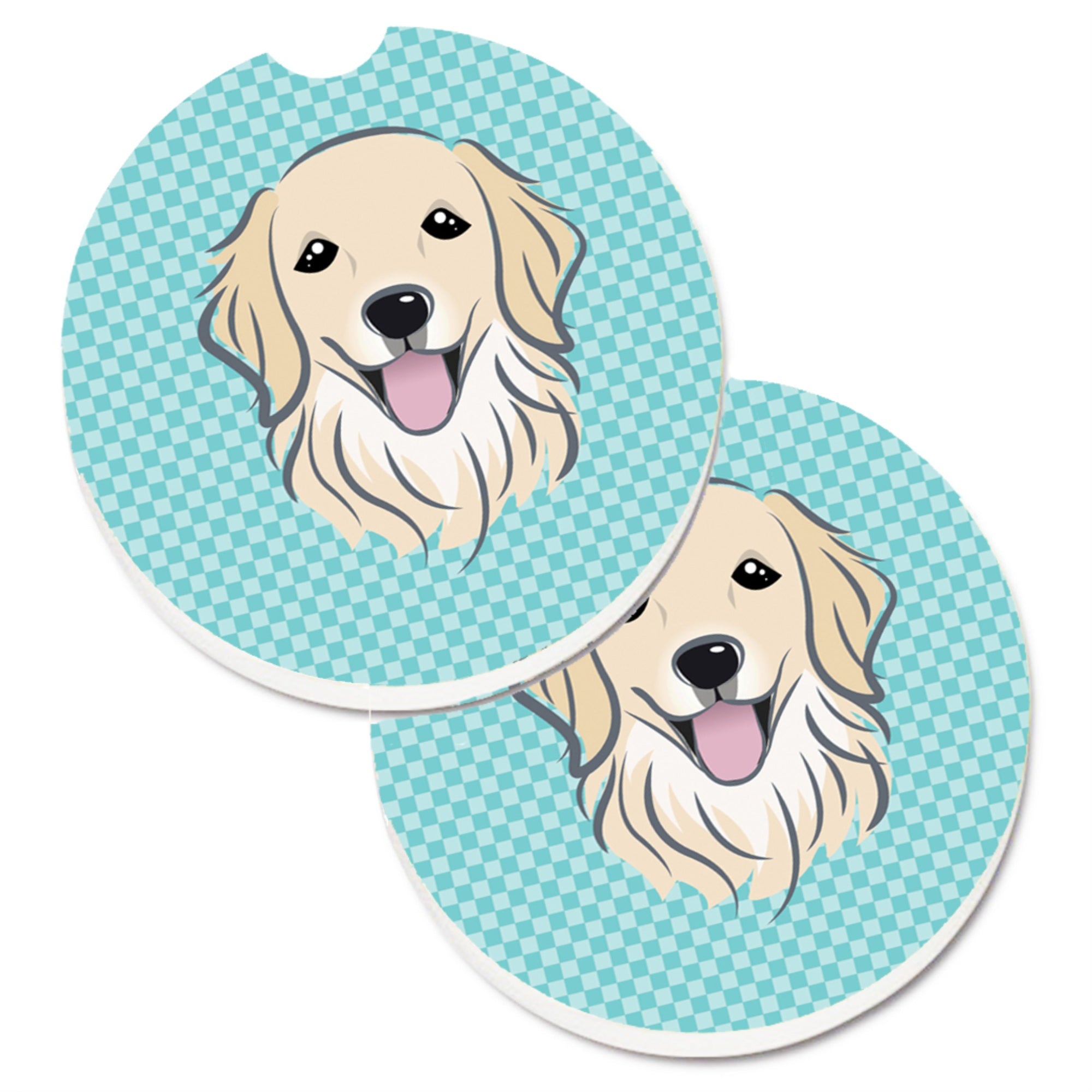 Caroline'S Treasures Checkerboard Blue Golden Retriever Set Of 2 Cup Holder Car Coasters Bb1143Carc, 2.56, Multicolor