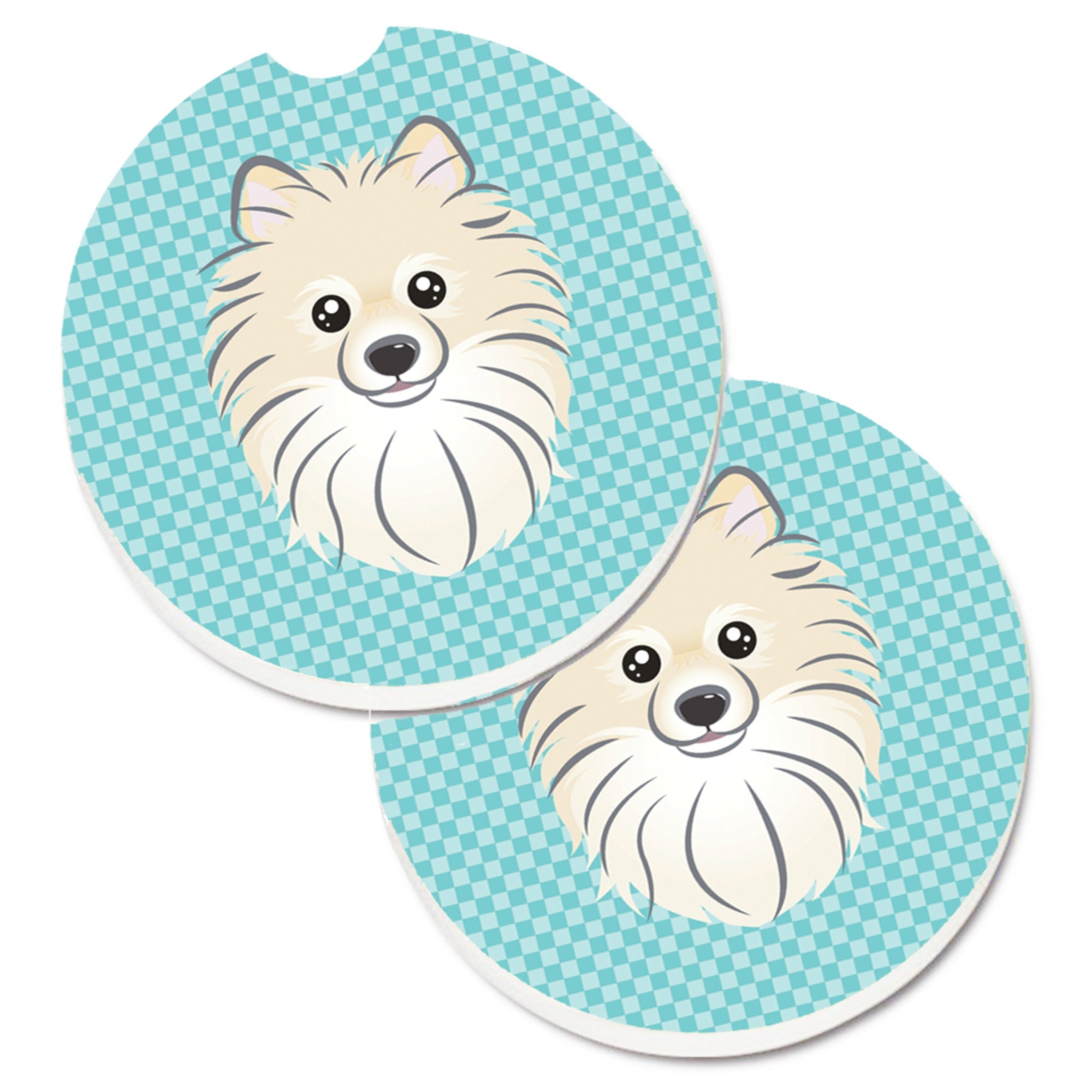 Caroline'S Treasures Checkerboard Blue Pomeranian Set Of 2 Cup Holder Car Coasters Bb1145Carc, 2.56, Multicolor