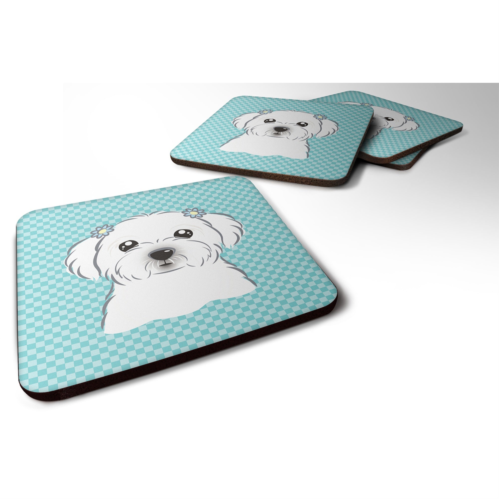 Caroline'S Treasures Bb1146Fc Checkerboard Blue Maltese Foam Coaster (Set Of 4), 3.5 H X 3.5 W, Multicolor