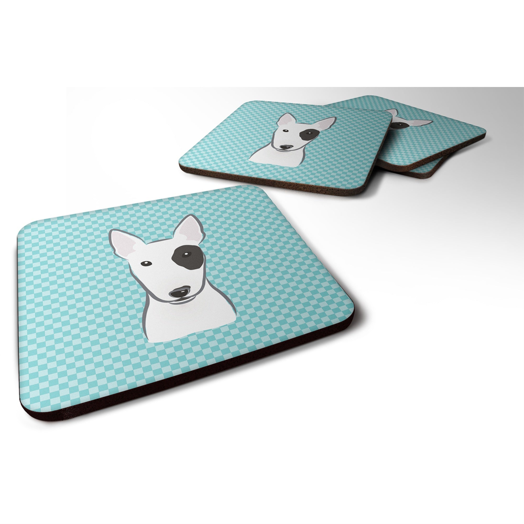 Caroline'S Treasures Bb1147Fc Checkerboard Blue Bull Terrier Foam Coaster (Set Of 4), 3.5 H X 3.5 W, Multicolor