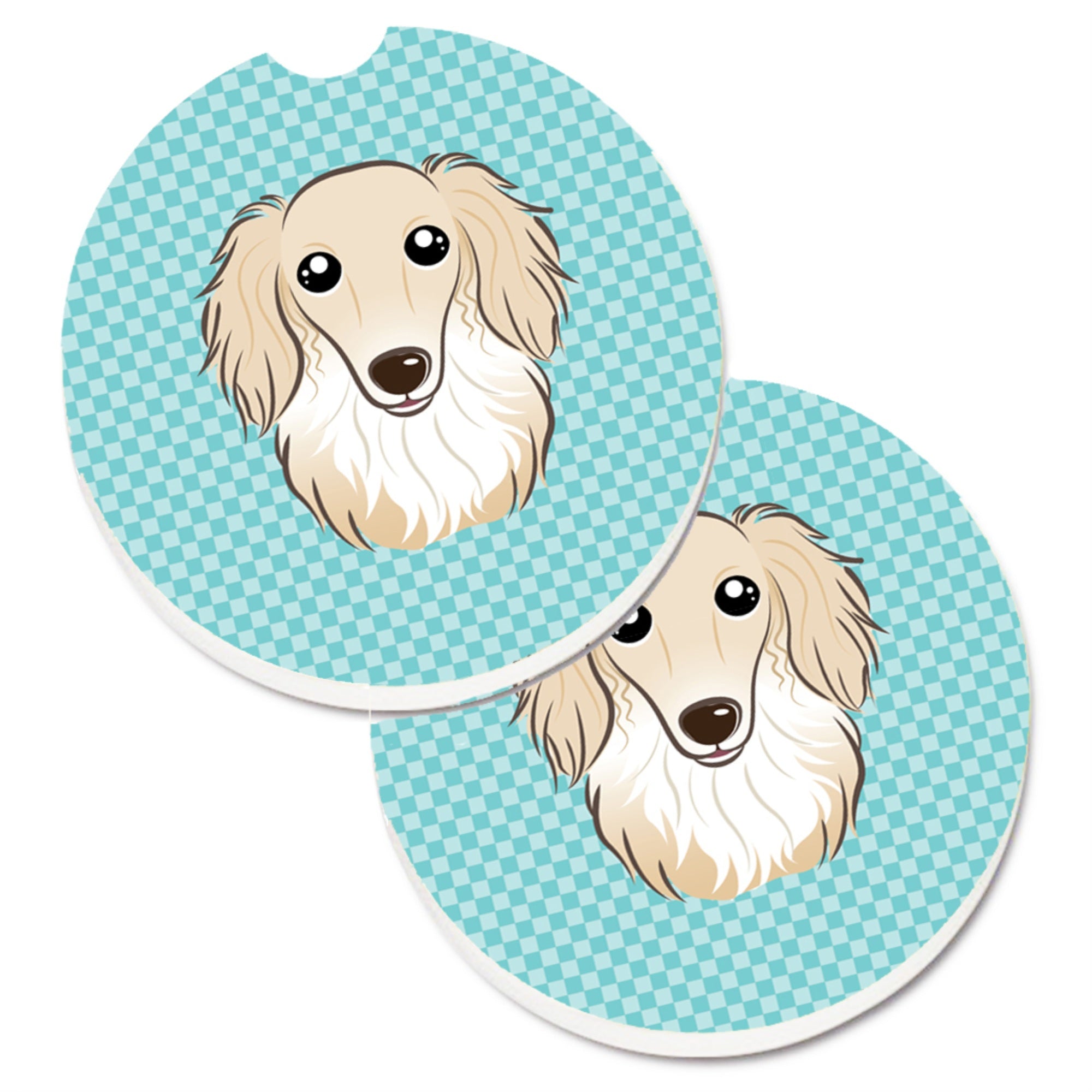 Caroline'S Treasures Checkerboard Blue Longhair Creme Dachshund Set Of 2 Cup Holder Car Coasters Bb1150Carc, 2.56, Multicolor,