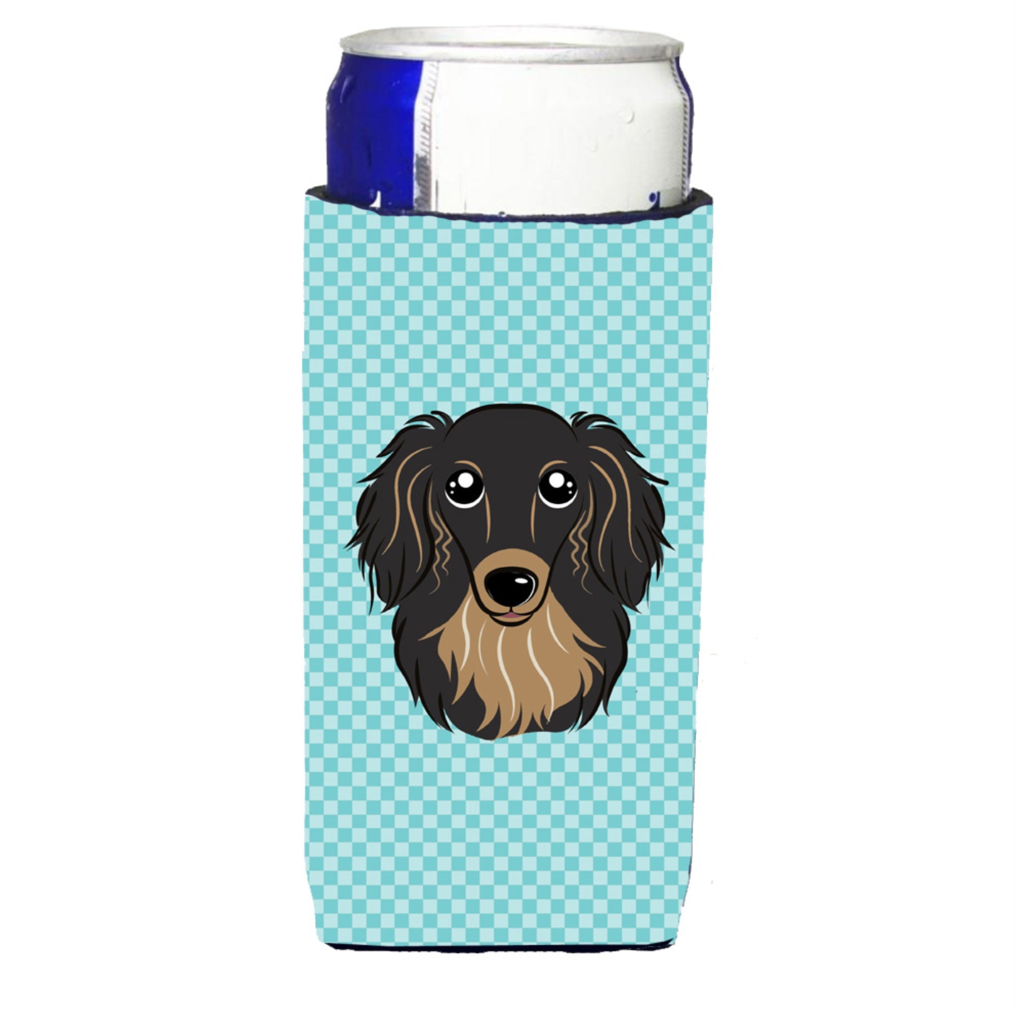 Checkerboard Blue Longhair Dachshund Ultra Beverage Insulators For Slim Cans