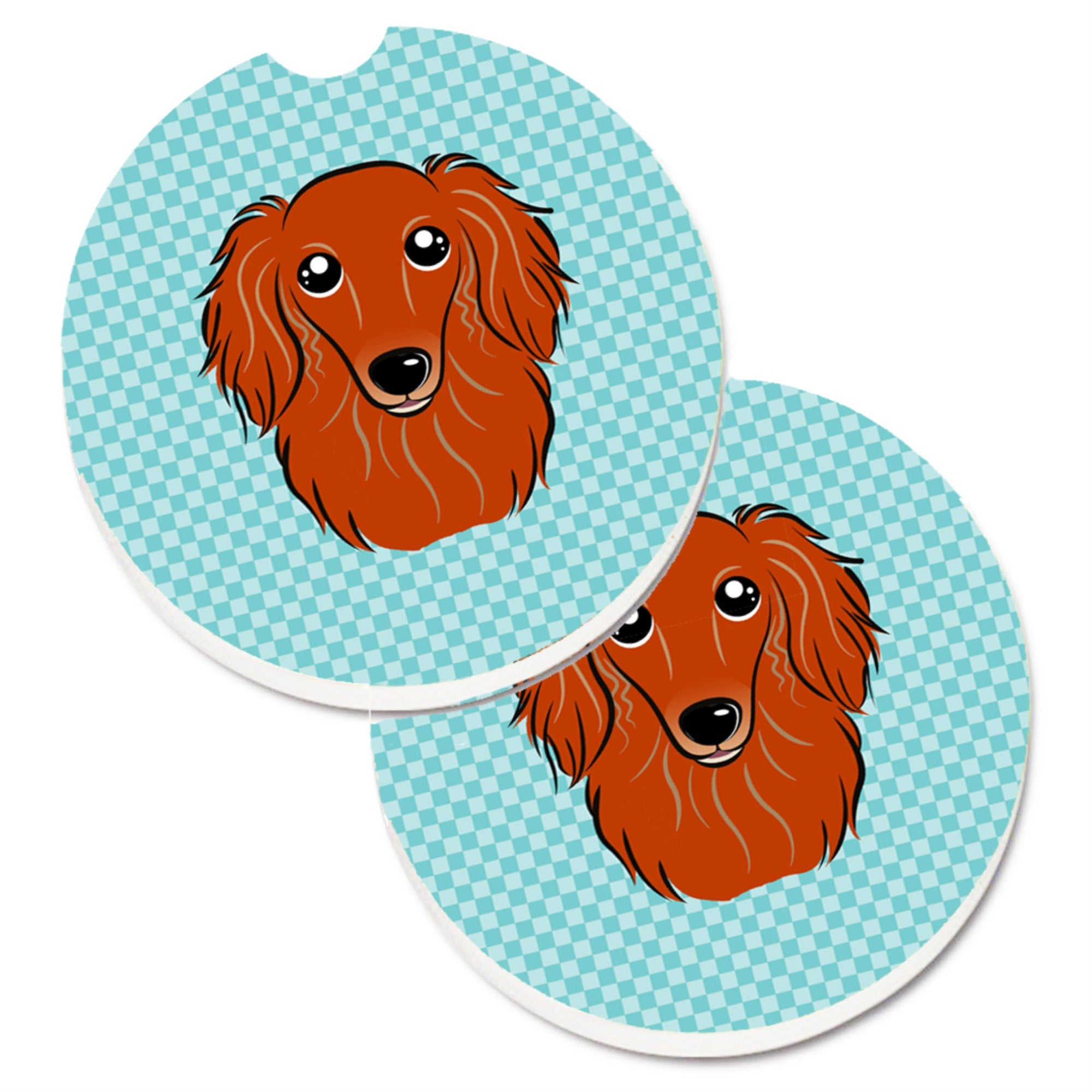 Caroline'S Treasures Checkerboard Blue Longhair Red Dachshund Set Of 2 Cup Holder Car Coasters Bb1152Carc, 2.56, Multicolor