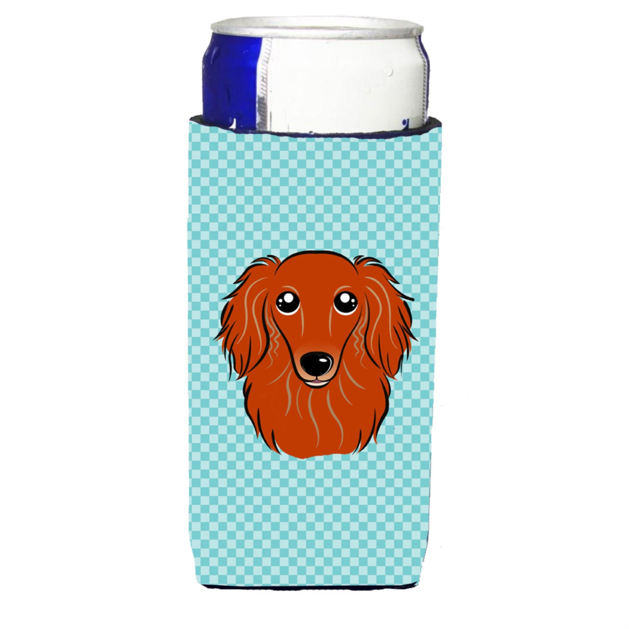 Checkerboard Blue Longhair Red Dachshund Ultra Beverage Insulators For Slim Cans