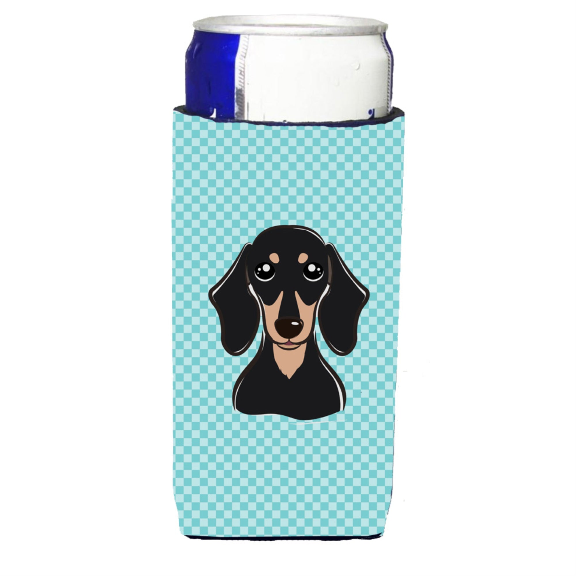 Checkerboard Blue Black And Tan Dachshund Ultra Beverage Insulators For Slim Cans