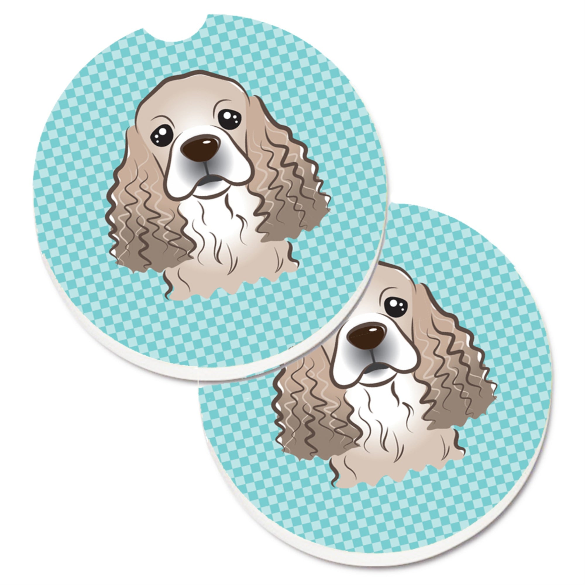 Caroline'S Treasures Checkerboard Blue Cocker Spaniel Set Of 2 Cup Holder Car Coasters Bb1154Carc, 2.56, Multicolor