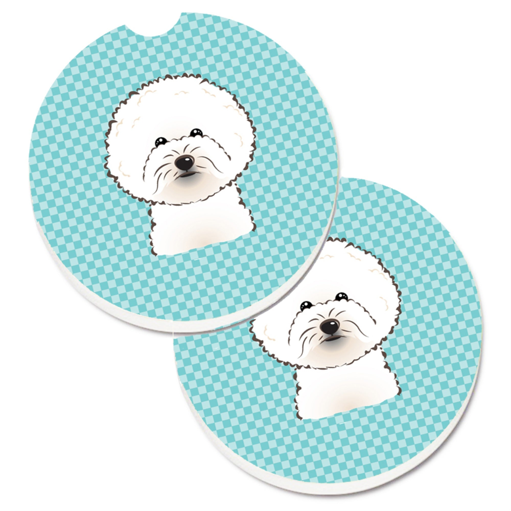 Caroline'S Treasures Checkerboard Blue Bichon Frise Set Of 2 Cup Holder Car Coasters Bb1155Carc, 2.56, Multicolor