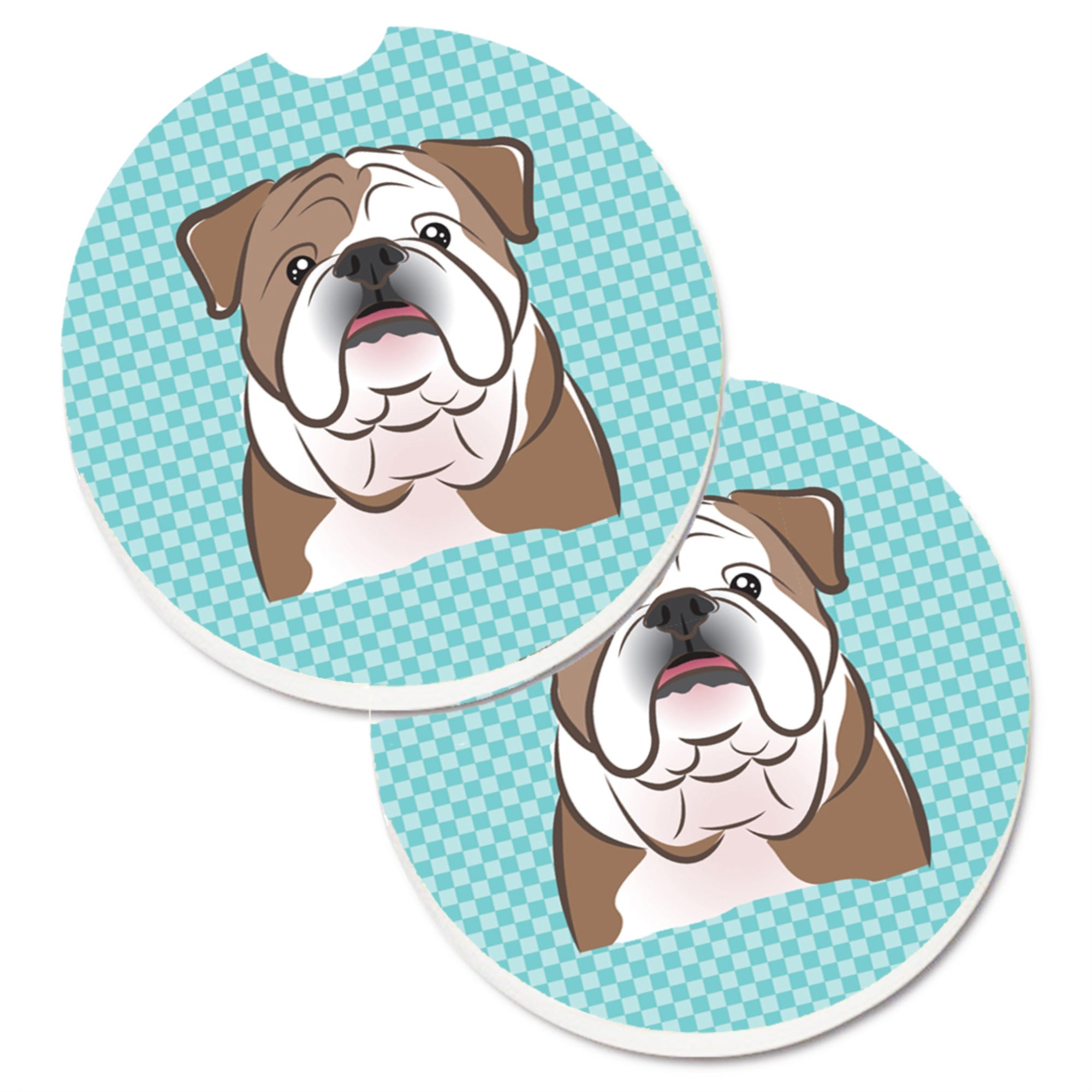 Caroline'S Treasures Checkerboard Blue English Bulldog Set Of 2 Cup Holder Car Coasters Bb1157Carc, 2.56, Multicolor