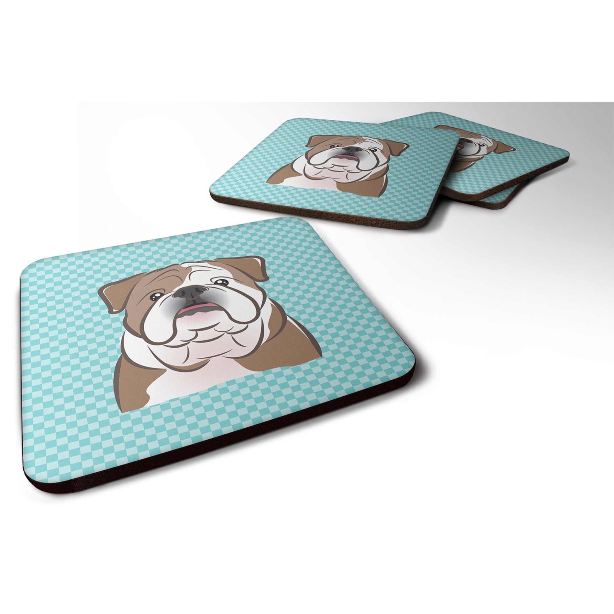 Caroline'S Treasures Bb1157Fc Checkerboard Blue English Bulldog Foam Coaster (Set Of 4), 3.5 H X 3.5 W, Multicolor