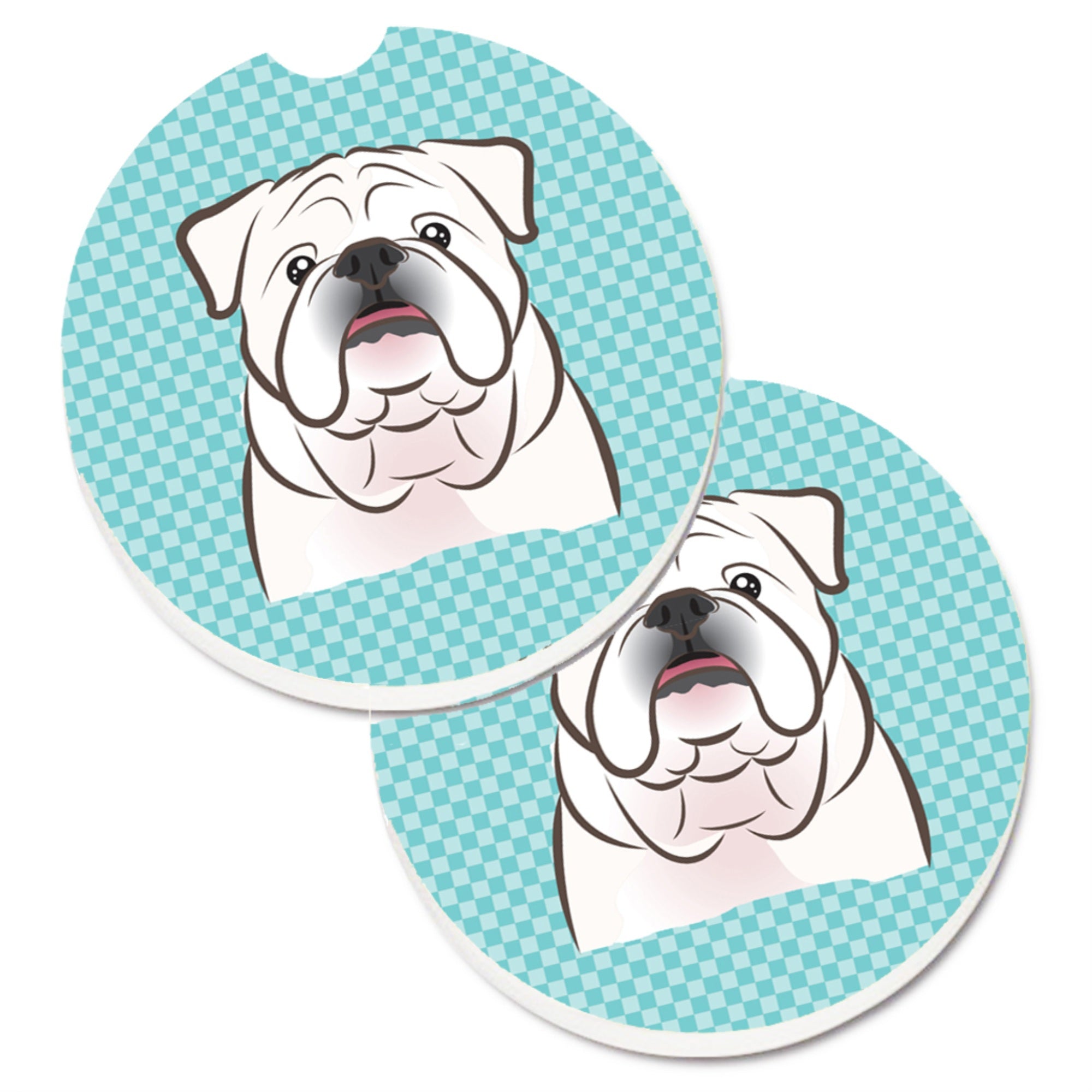 Caroline'S Treasures Checkerboard Blue White English Bulldog Set Of 2 Cup Holder Car Coasters Bb1158Carc, 2.56, Multicolor