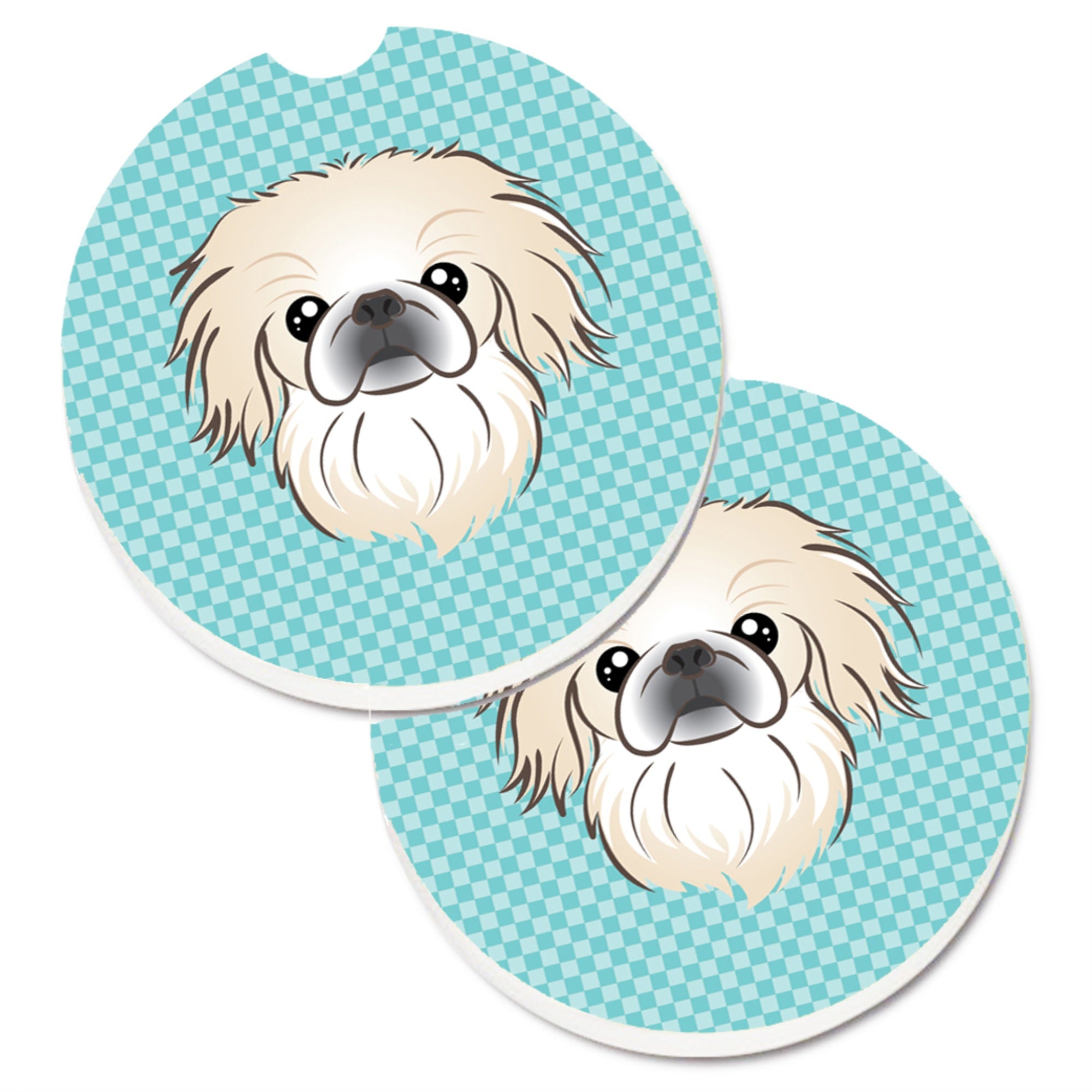 Caroline'S Treasures Checkerboard Blue Pekingese Set Of 2 Cup Holder Car Coasters Bb1159Carc, 2.56, Multicolor