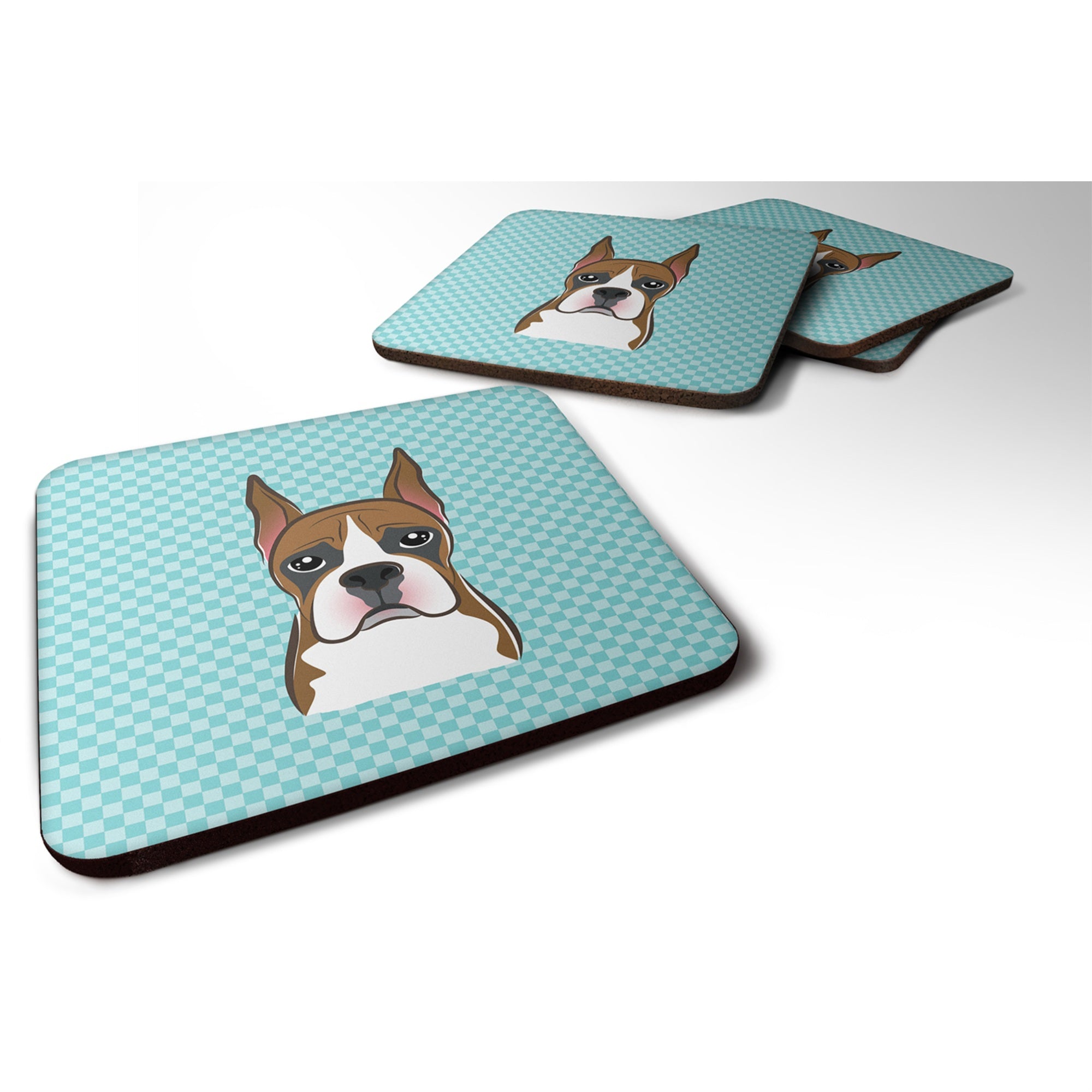 Caroline'S Treasures Bb1161Fc Checkerboard Blue Boxer Foam Coaster (Set Of 4), 3.5 H X 3.5 W, Multicolor