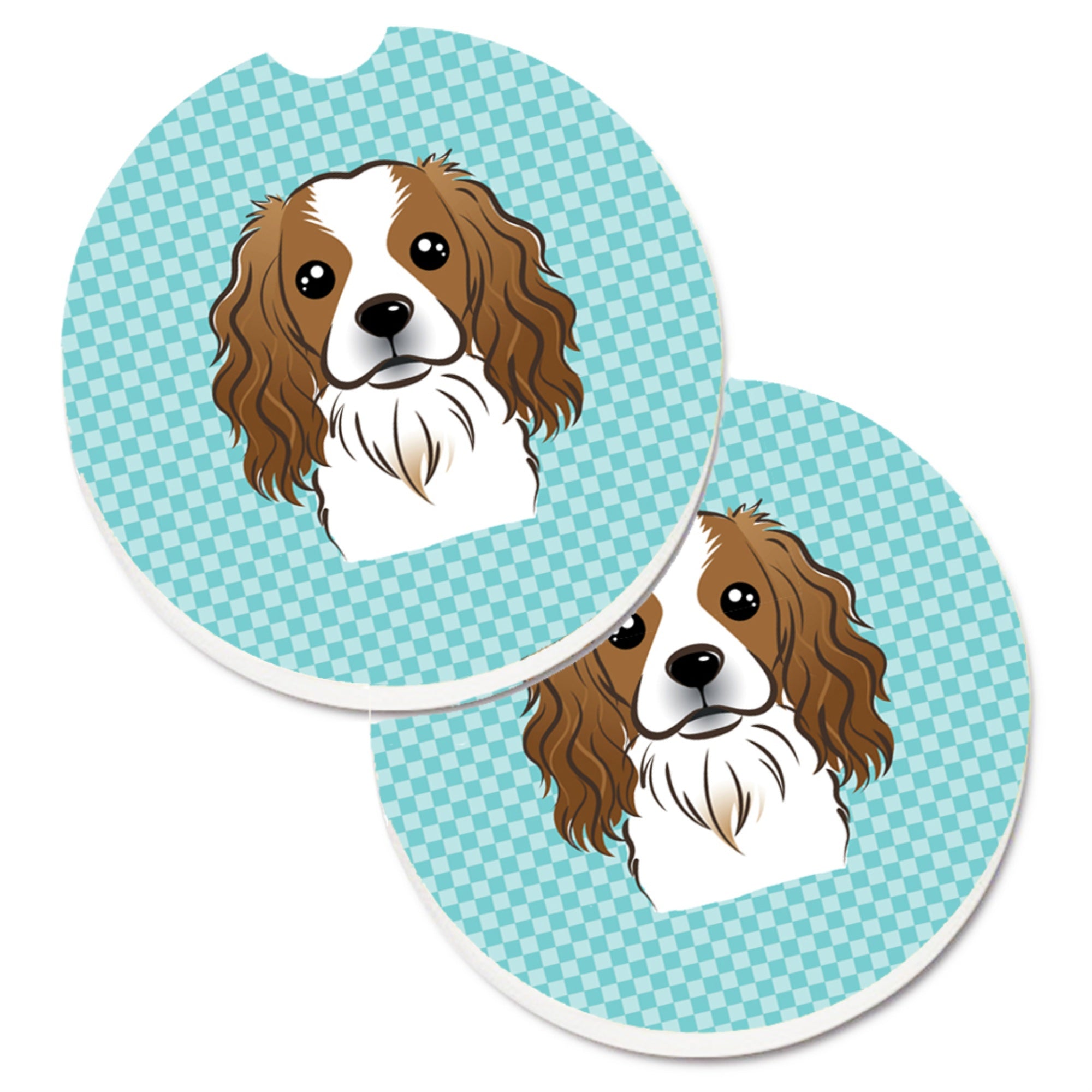 Caroline'S Treasures Checkerboard Blue Cavalier Spaniel Set Of 2 Cup Holder Car Coasters Bb1162Carc, 2.56, Multicolor