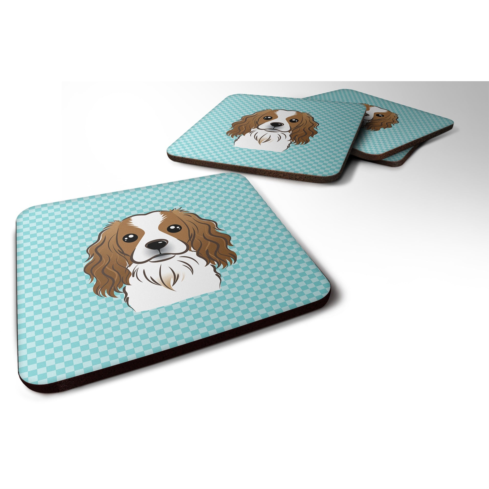 Caroline'S Treasures Bb1162Fc Checkerboard Blue Cavalier Spaniel Foam Coaster (Set Of 4), 3.5 H X 3.5 W, Multicolor