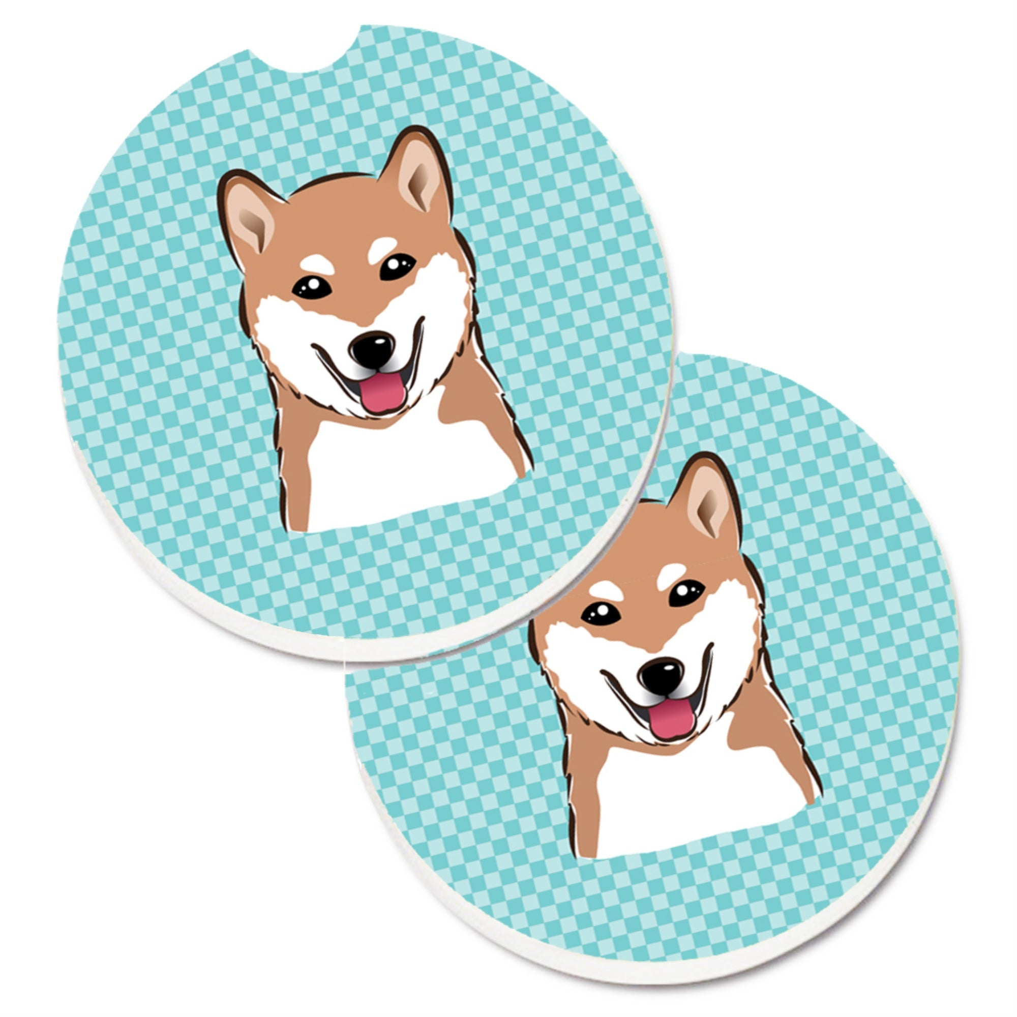 Caroline'S Treasures Checkerboard Blue Shiba Inu Set Of 2 Cup Holder Car Coasters Bb1163Carc, 2.56, Multicolor