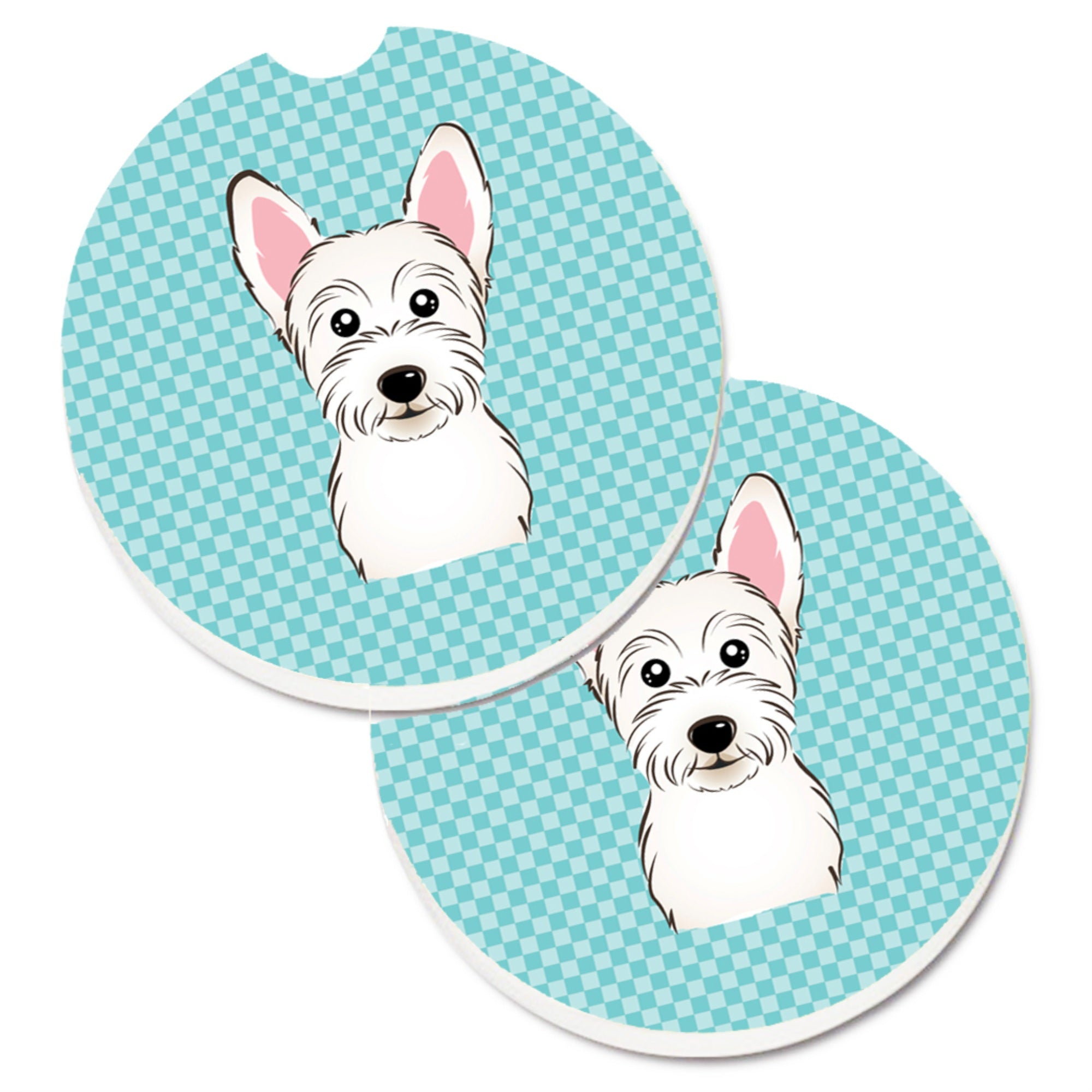 Caroline'S Treasures Checkerboard Blue Westie Set Of 2 Cup Holder Car Coasters Bb1164Carc, 2.56, Multicolor