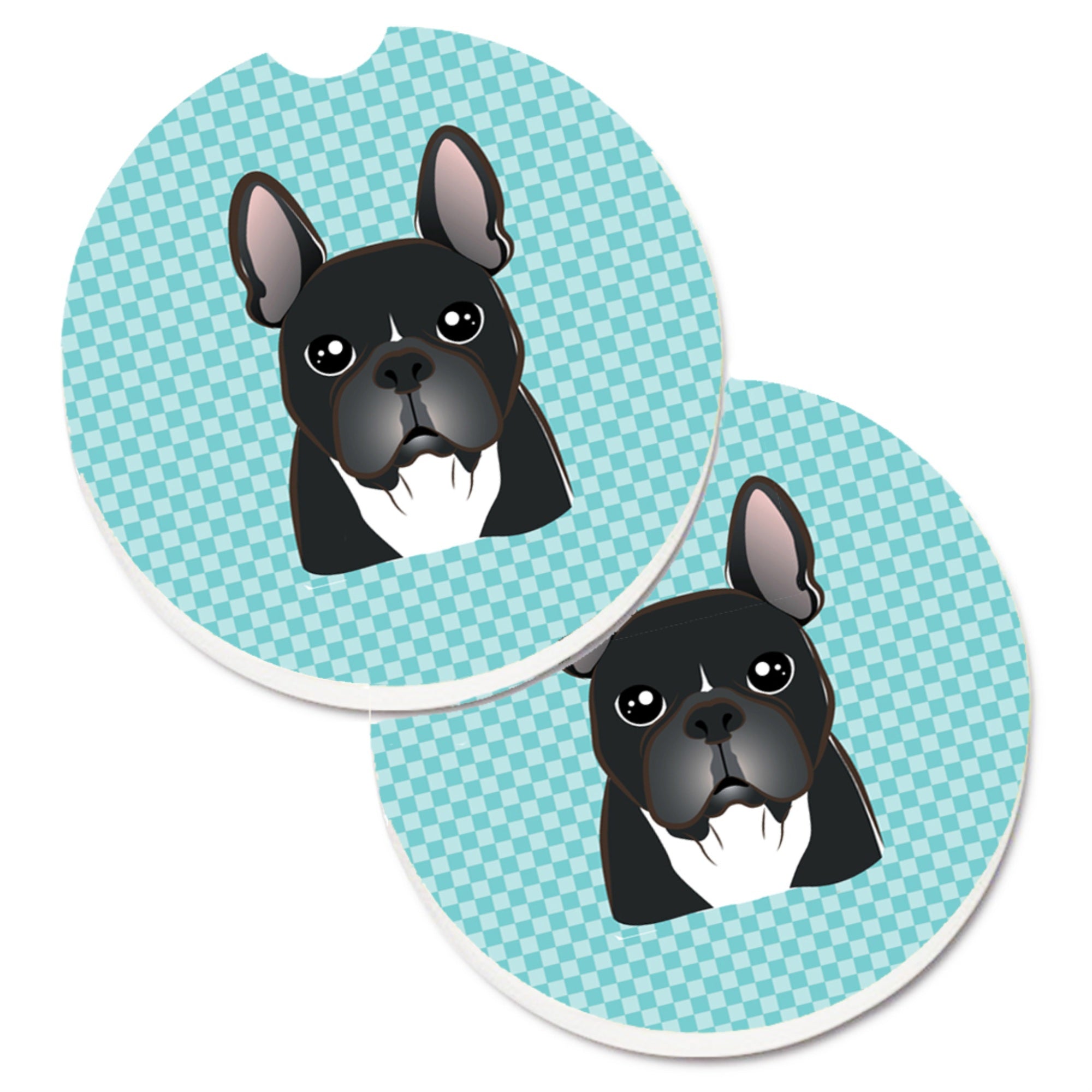 Caroline'S Treasures Checkerboard Blue French Bulldog Set Of 2 Cup Holder Car Coasters Bb1165Carc, 2.56, Multicolor